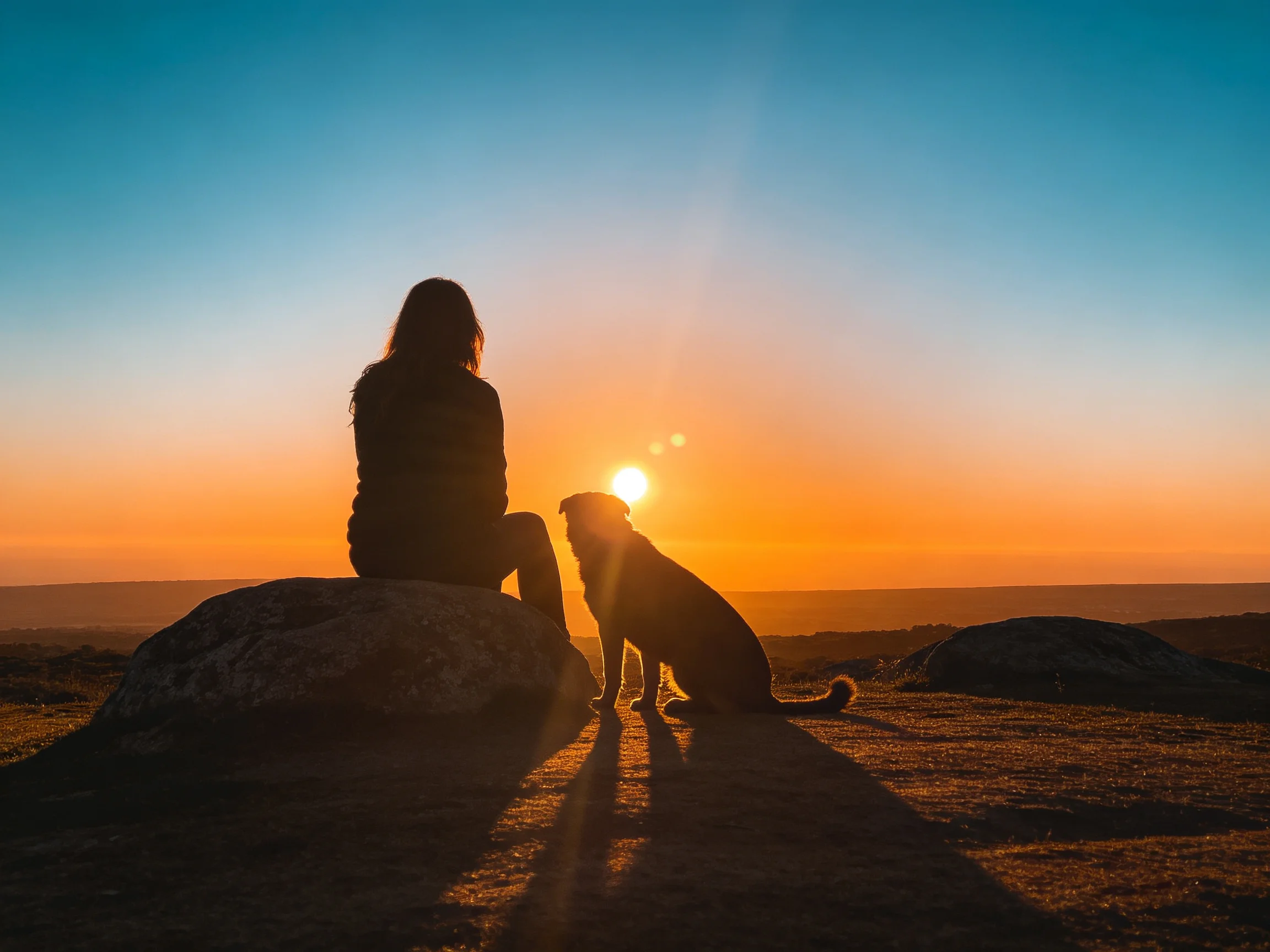 A woman and her dog sit silhouetted against a vibrant sunset sky.