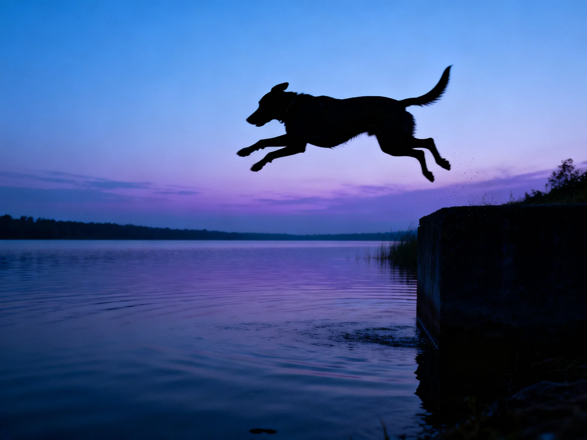 Silhouetted dog leaps toward water under twilight purple-blue sky