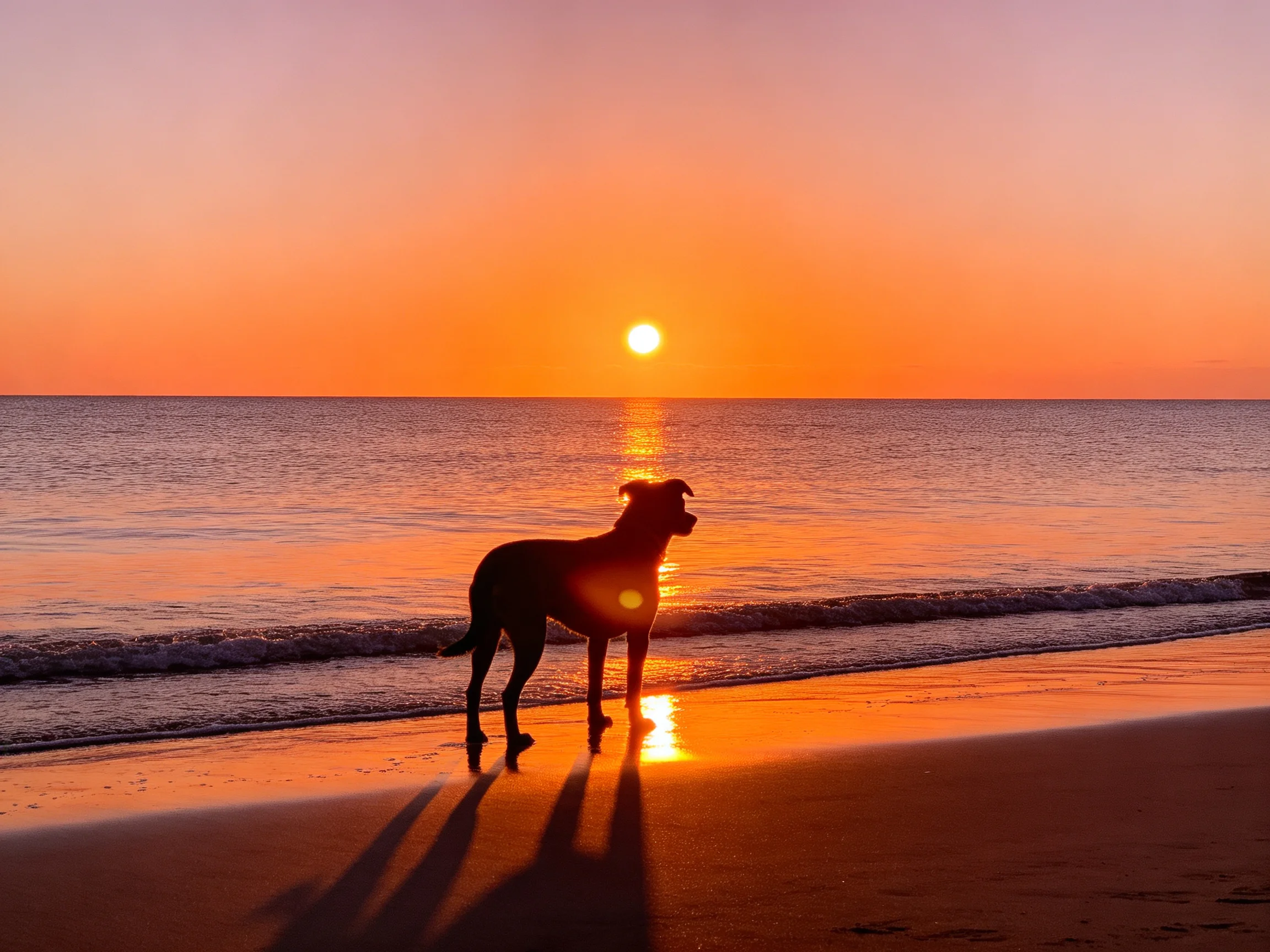 Silhouetted dog on wet sand by calm ocean under vibrant sunset