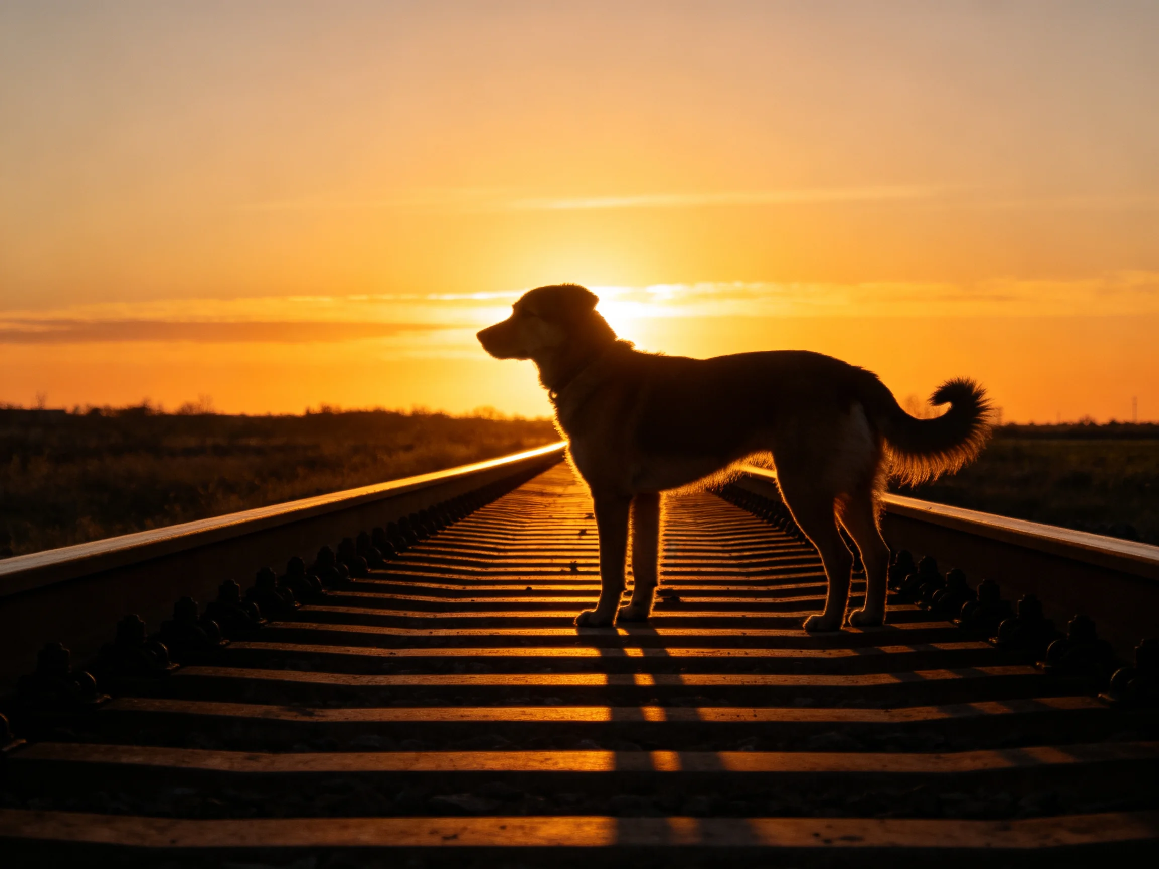Silhouetted dog standing on railroad tracks during golden sunset