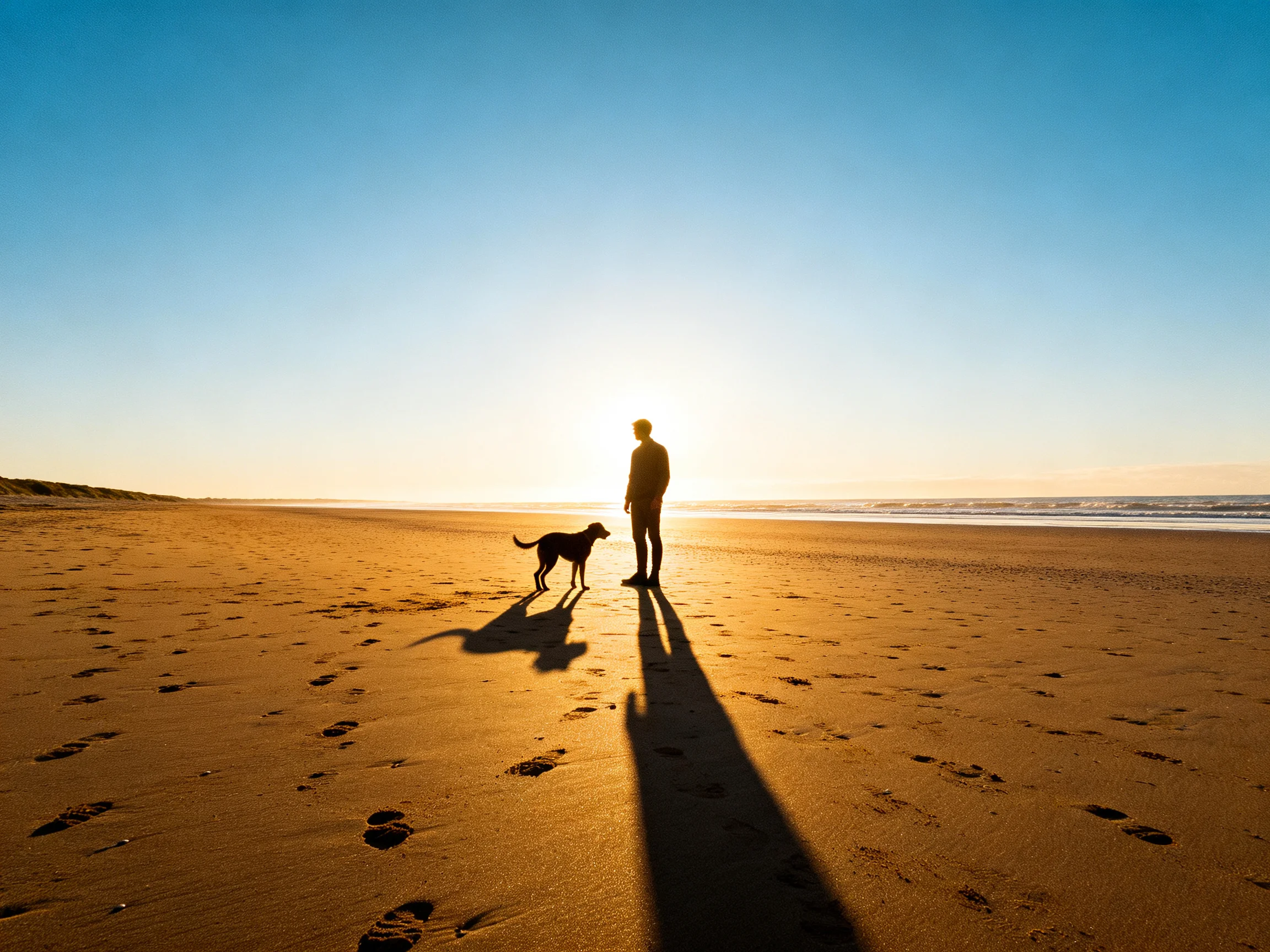 Silhouetted figure and dog on golden sandy beach at sunset