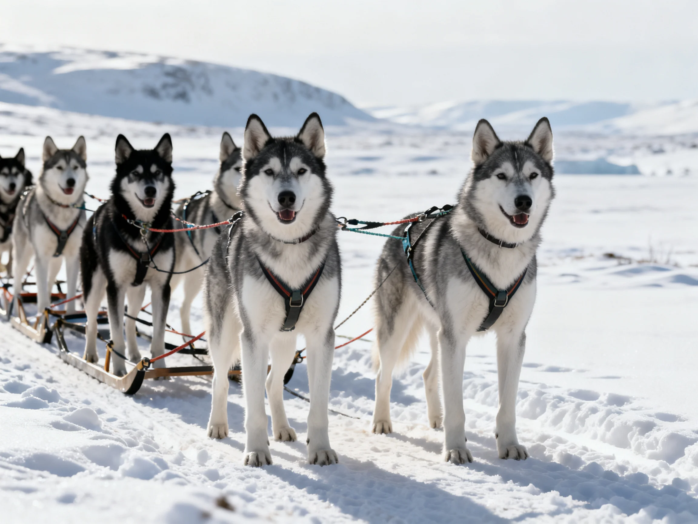 Six Siberian Huskies harnessed for sledding in a snowy landscape