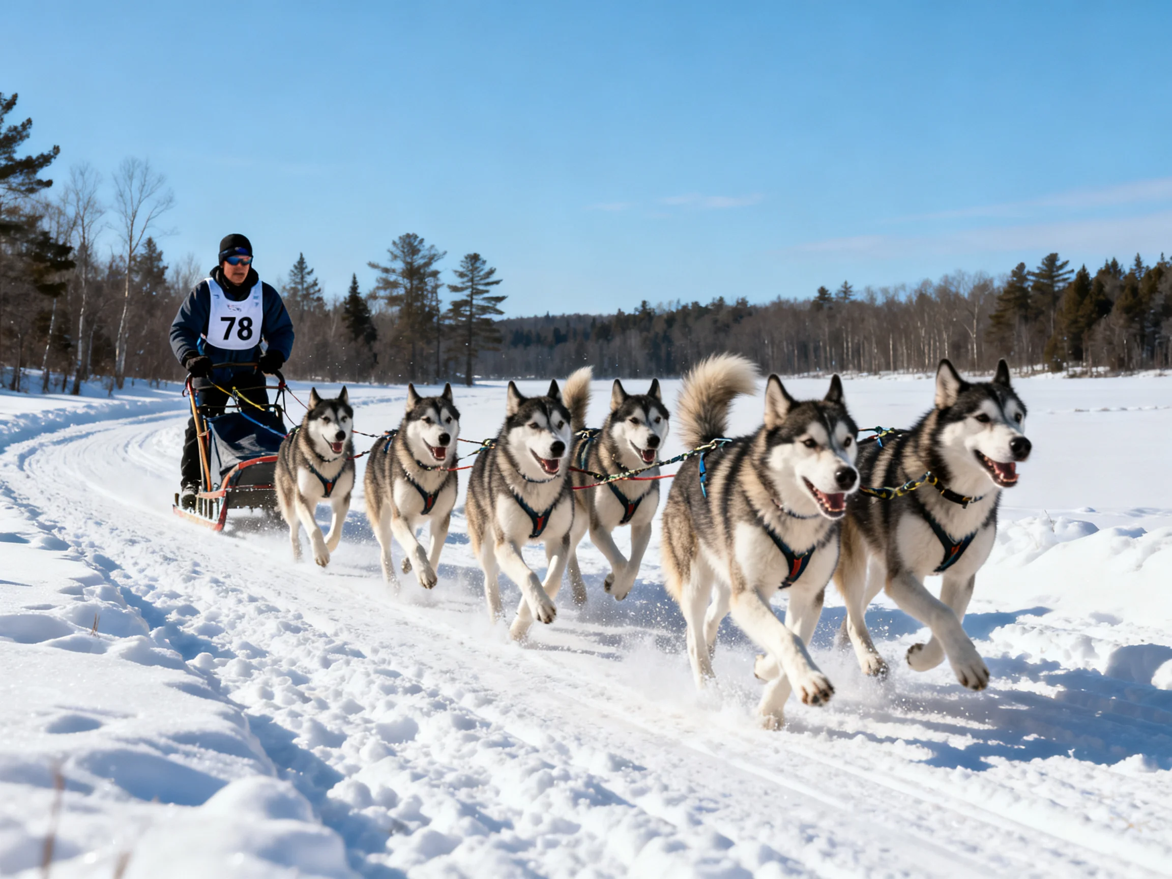 Six Siberian Huskies pull a numbered sled through snowy terrain