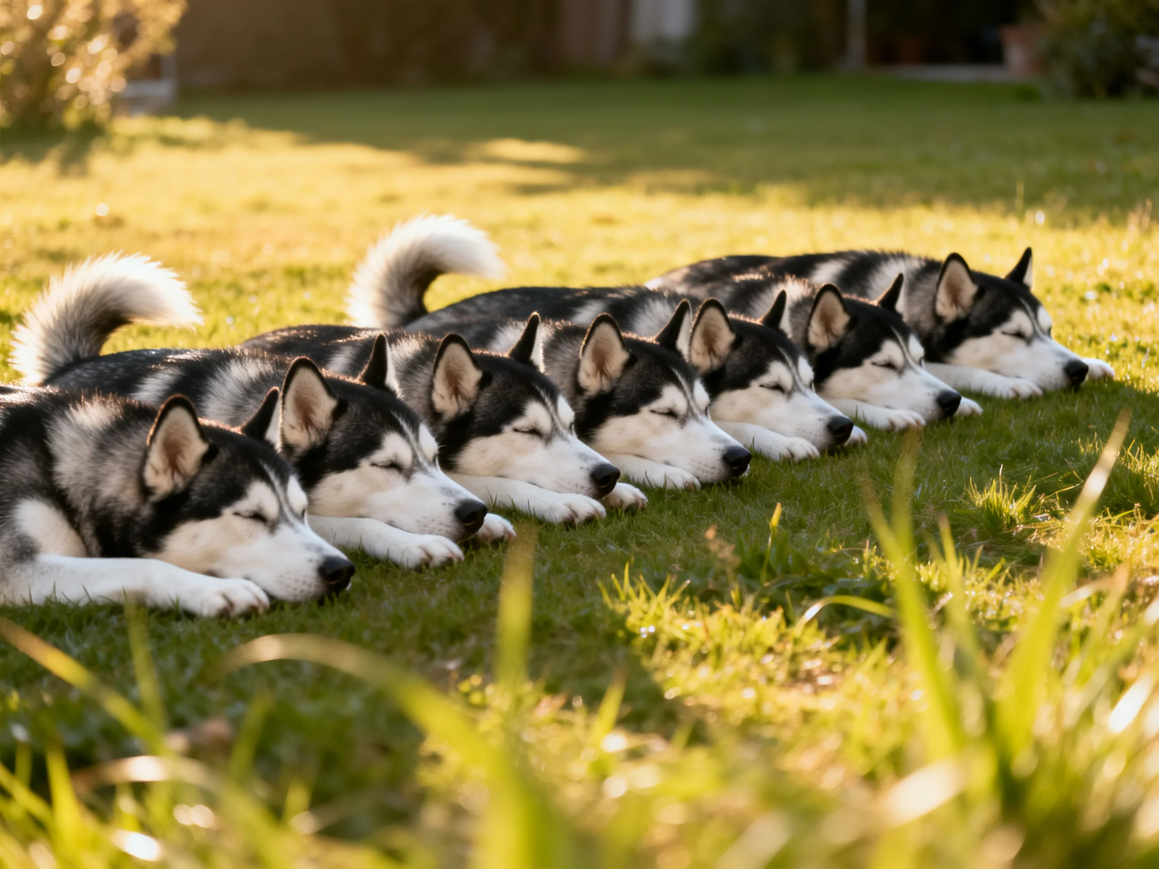 Six black-and-white huskies rest in a row on sunlit grass