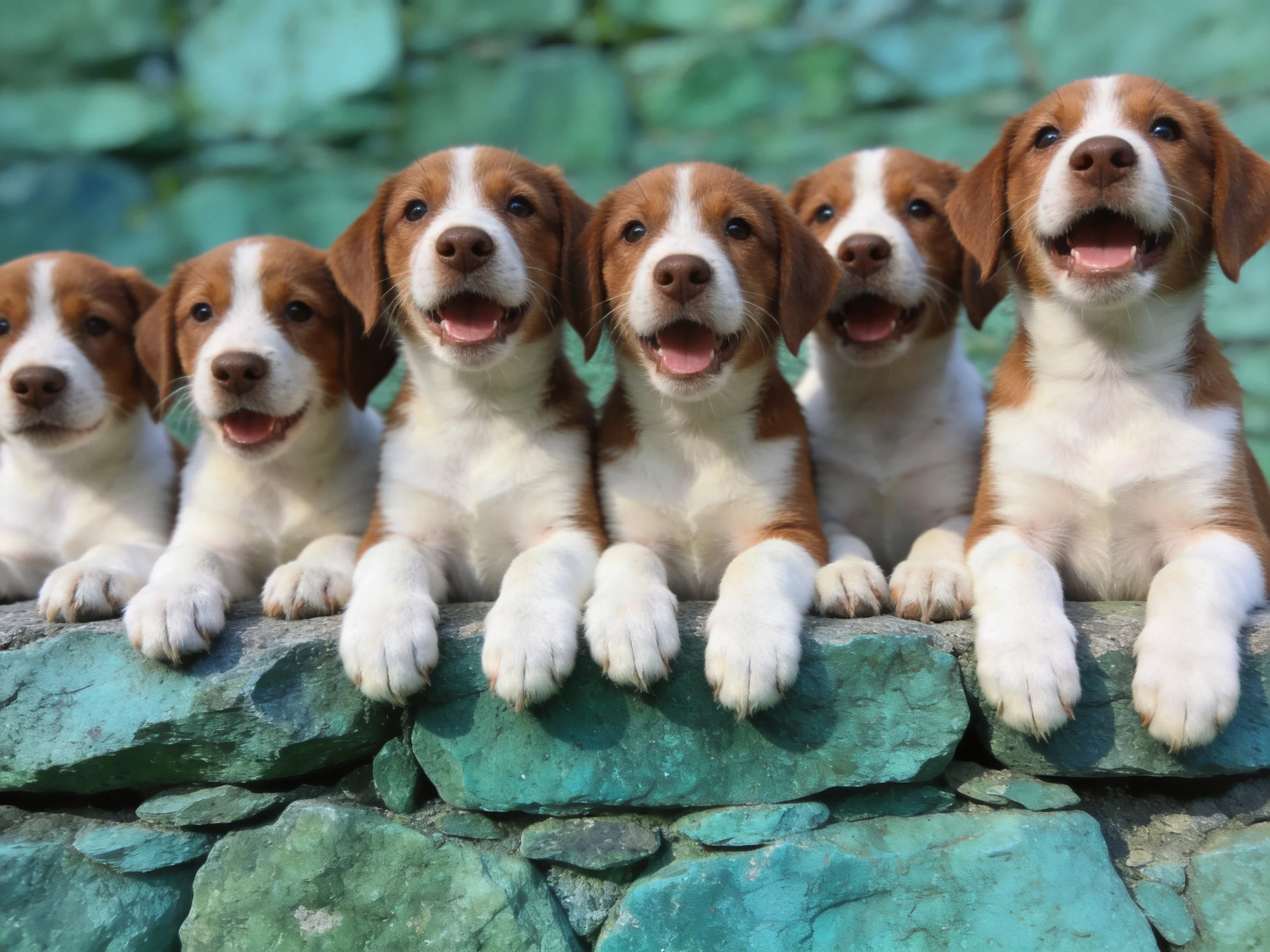 Six brown-and-white puppies lean over a turquoise stone wall