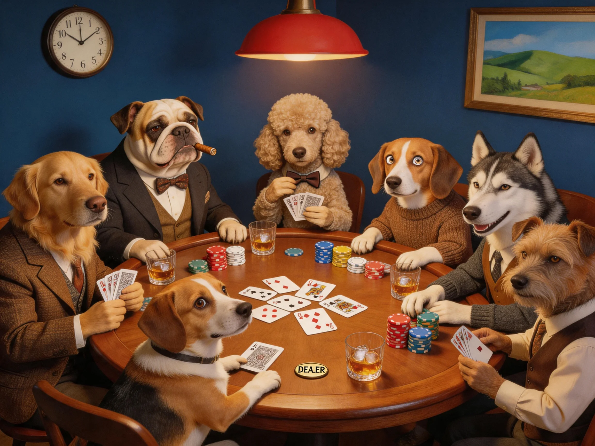 Six dogs in formal clothing play poker around a wooden table