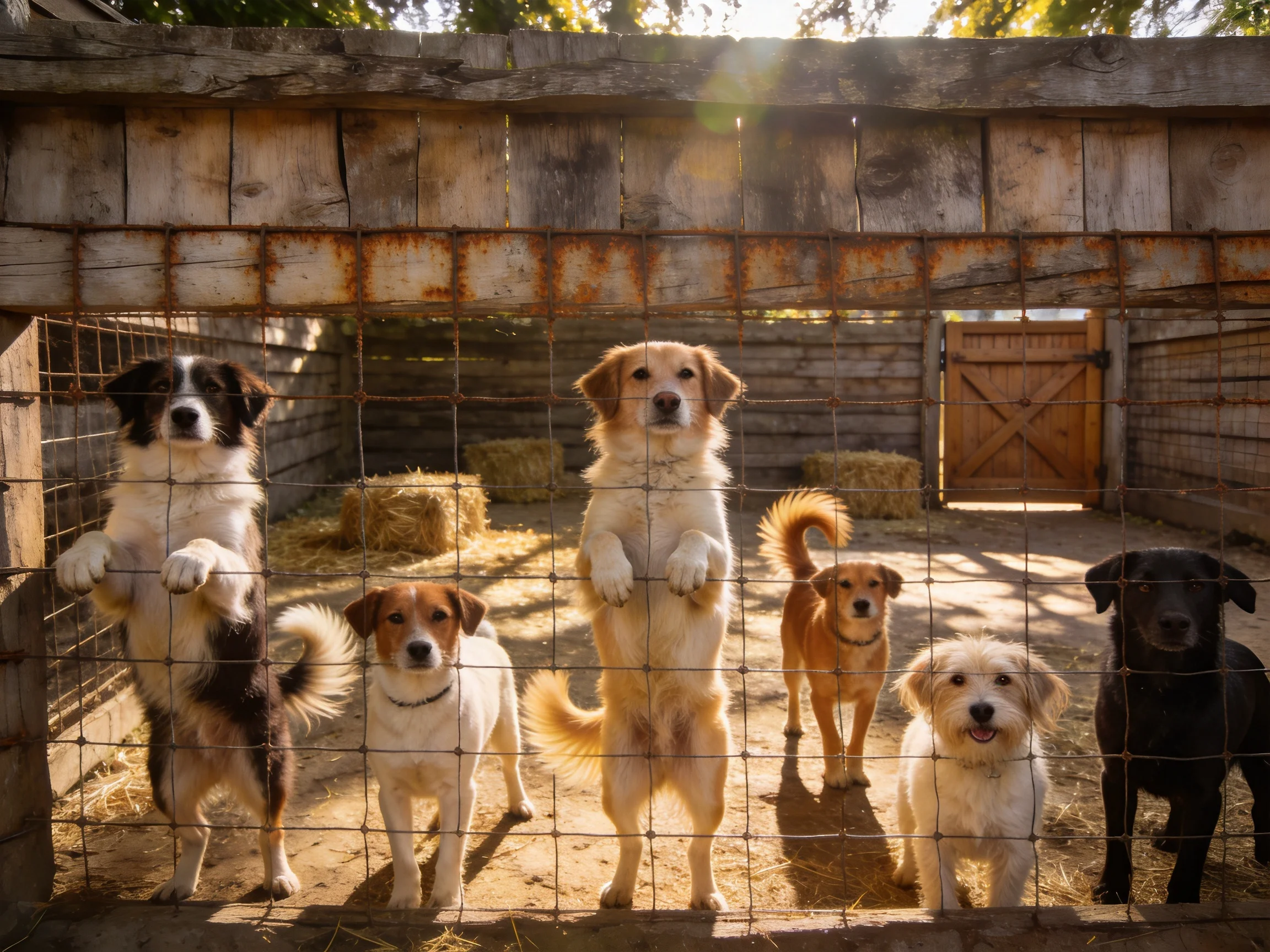 Six dogs of various breeds behind a rusty wire enclosure with hay bales