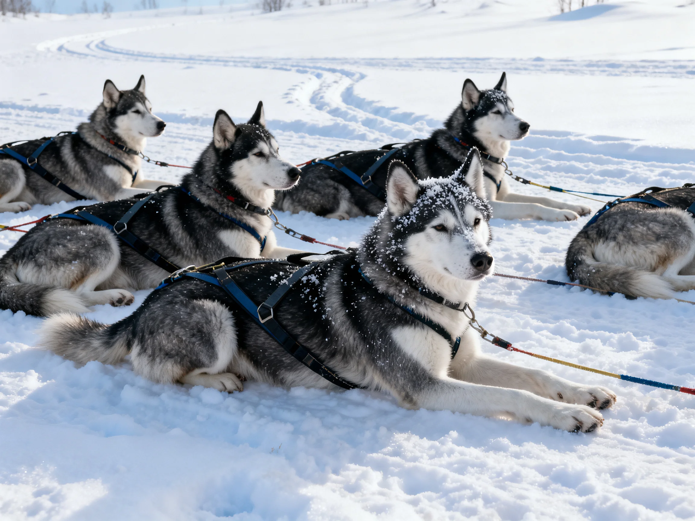 Six gray-and-white sled dogs rest in snowy terrain with blue harnesses