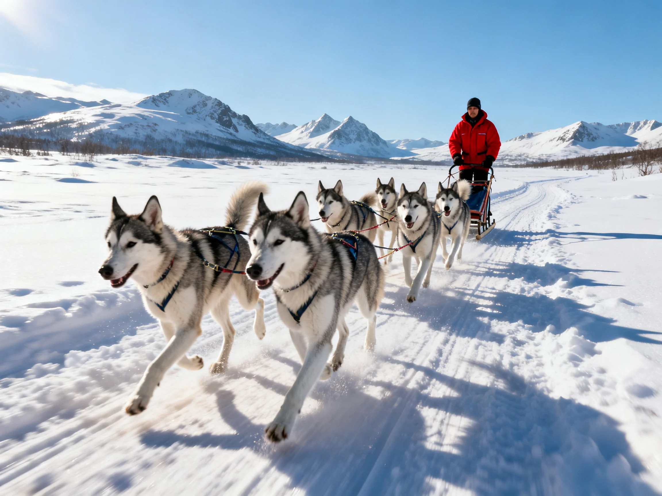 Six huskies pull a sled with a person in red coat over snow-covered mountains
