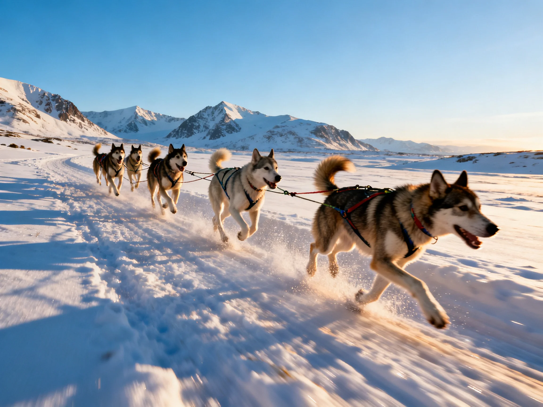 Six husky sled dogs race across a glistening snowfield near towering mountains
