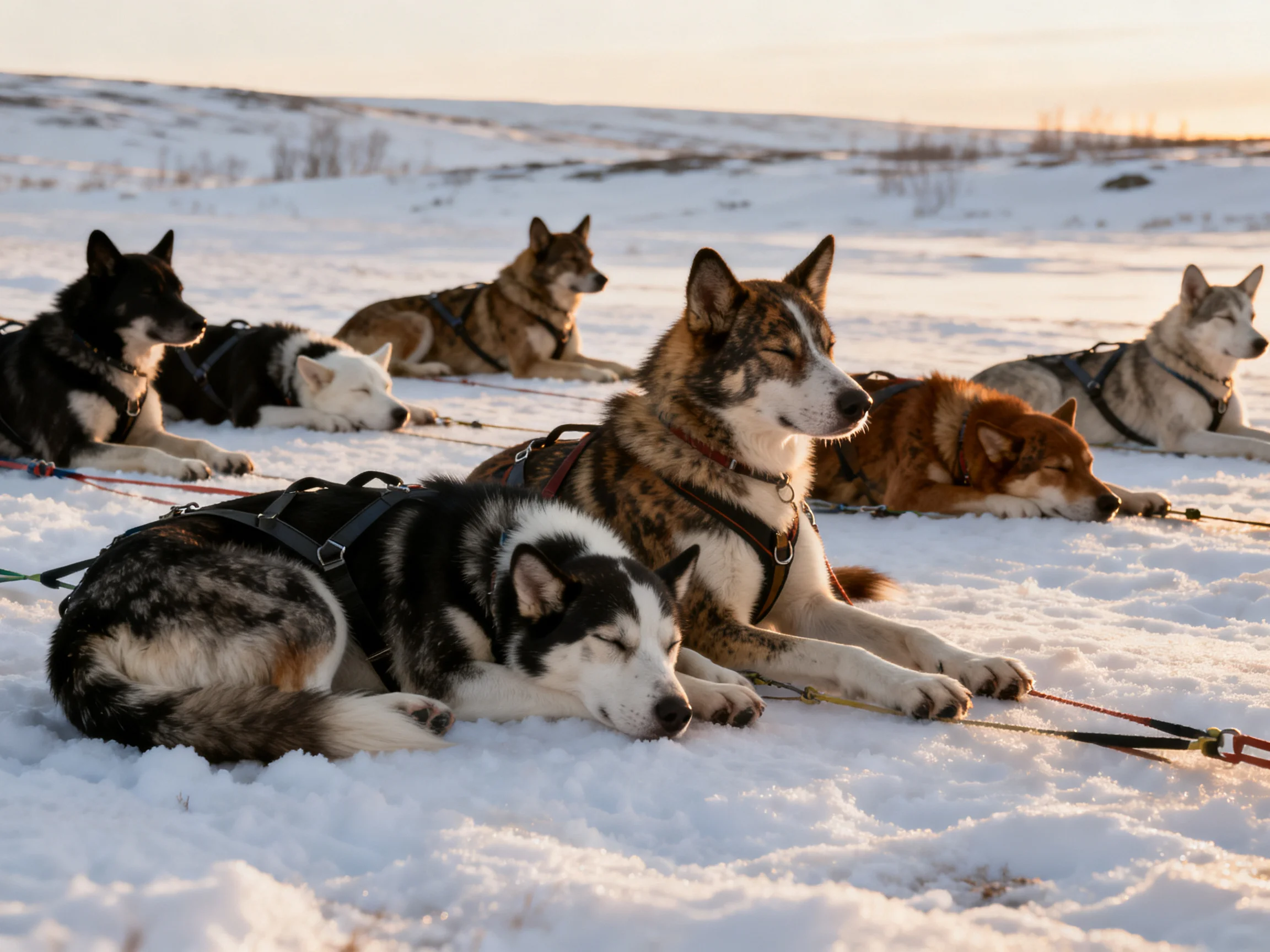 Six sled dogs rest on snowy terrain during golden hour