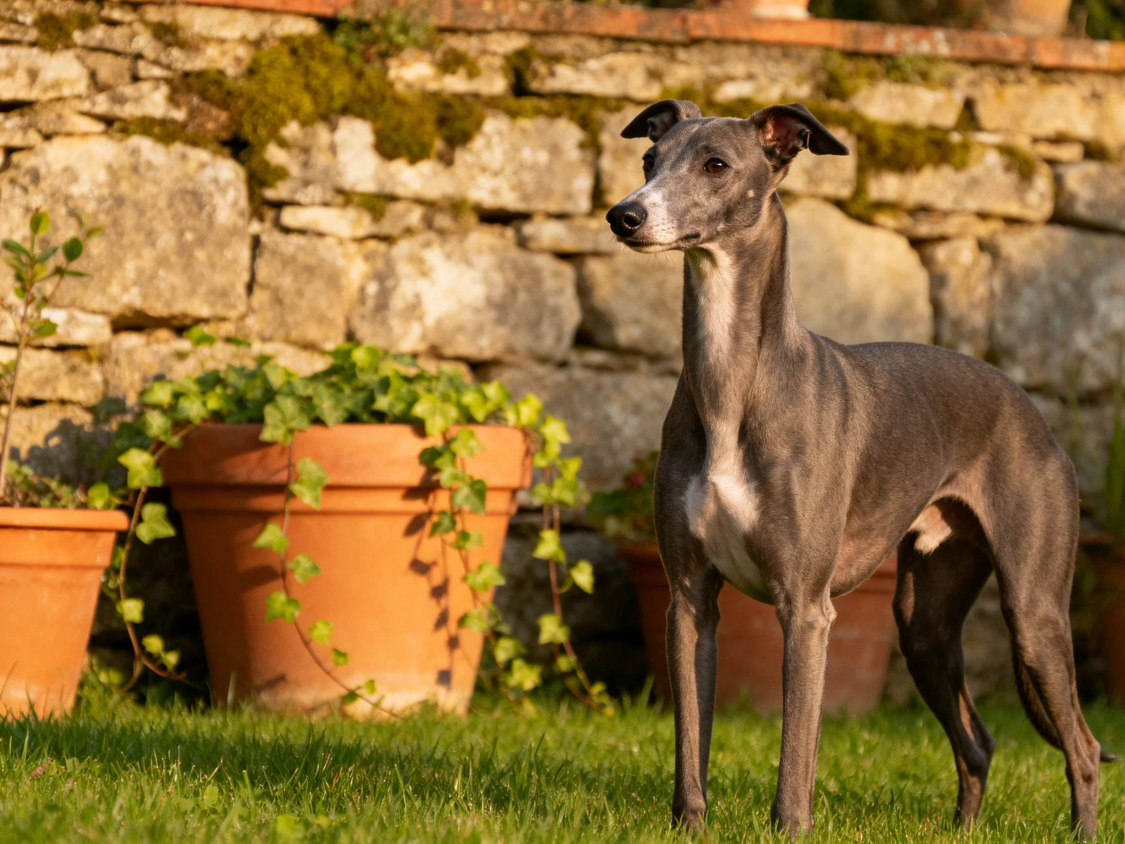 Sleek greyhound near terracotta pots by ancient stone wall