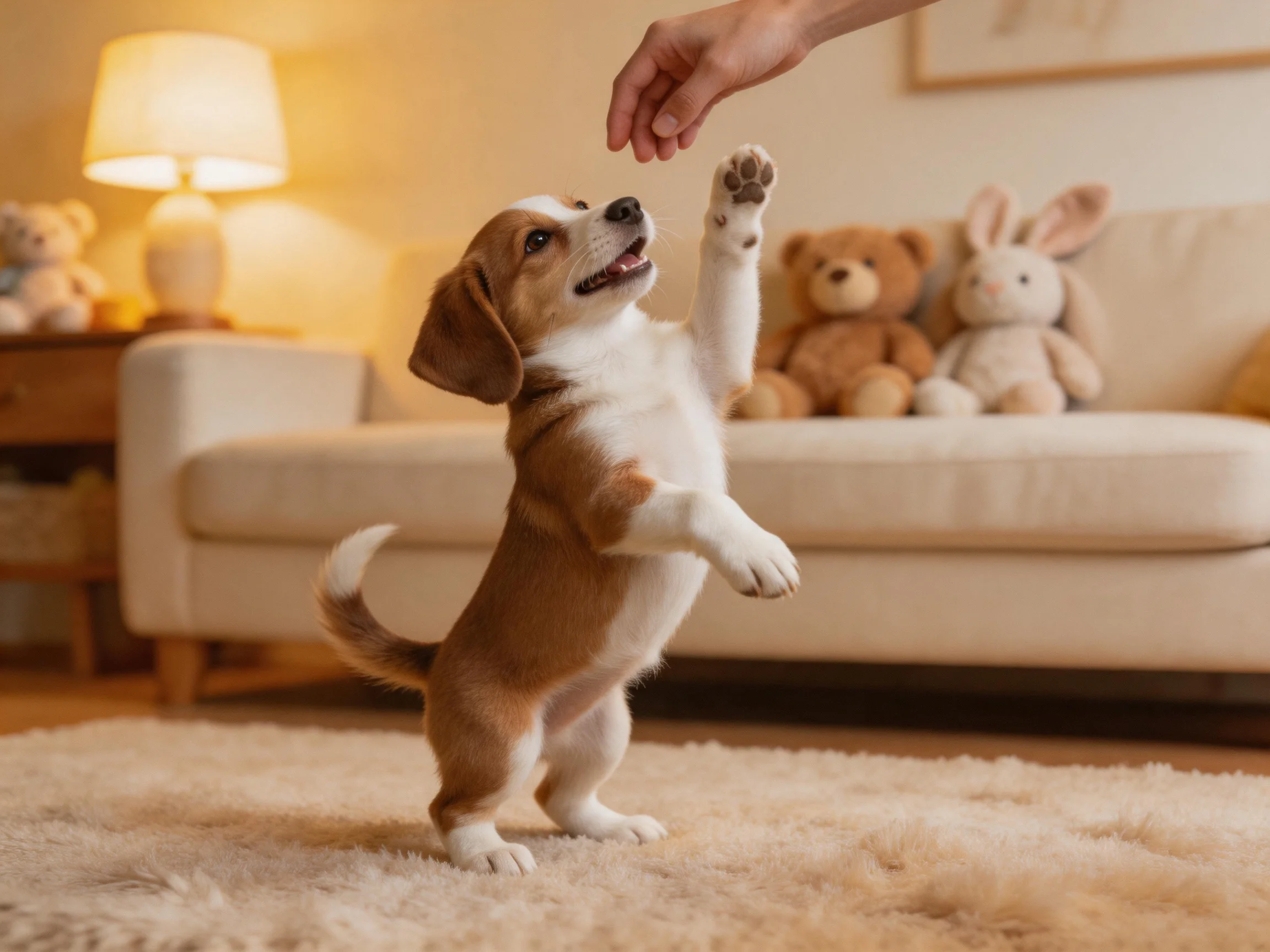 A small brown-and-white puppy stands on hind legs reaching toward a human hand in a cozy living room.