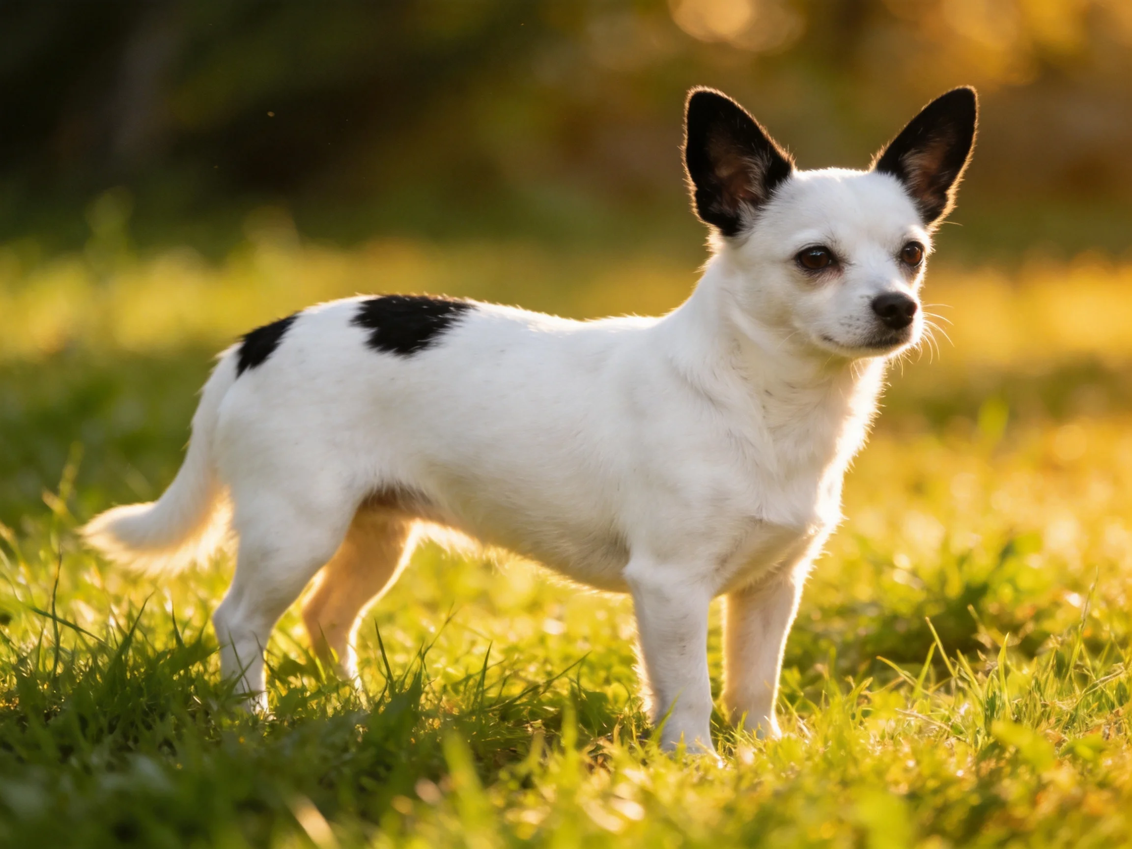 A small white dog with black patches stands on sunlit grass.
