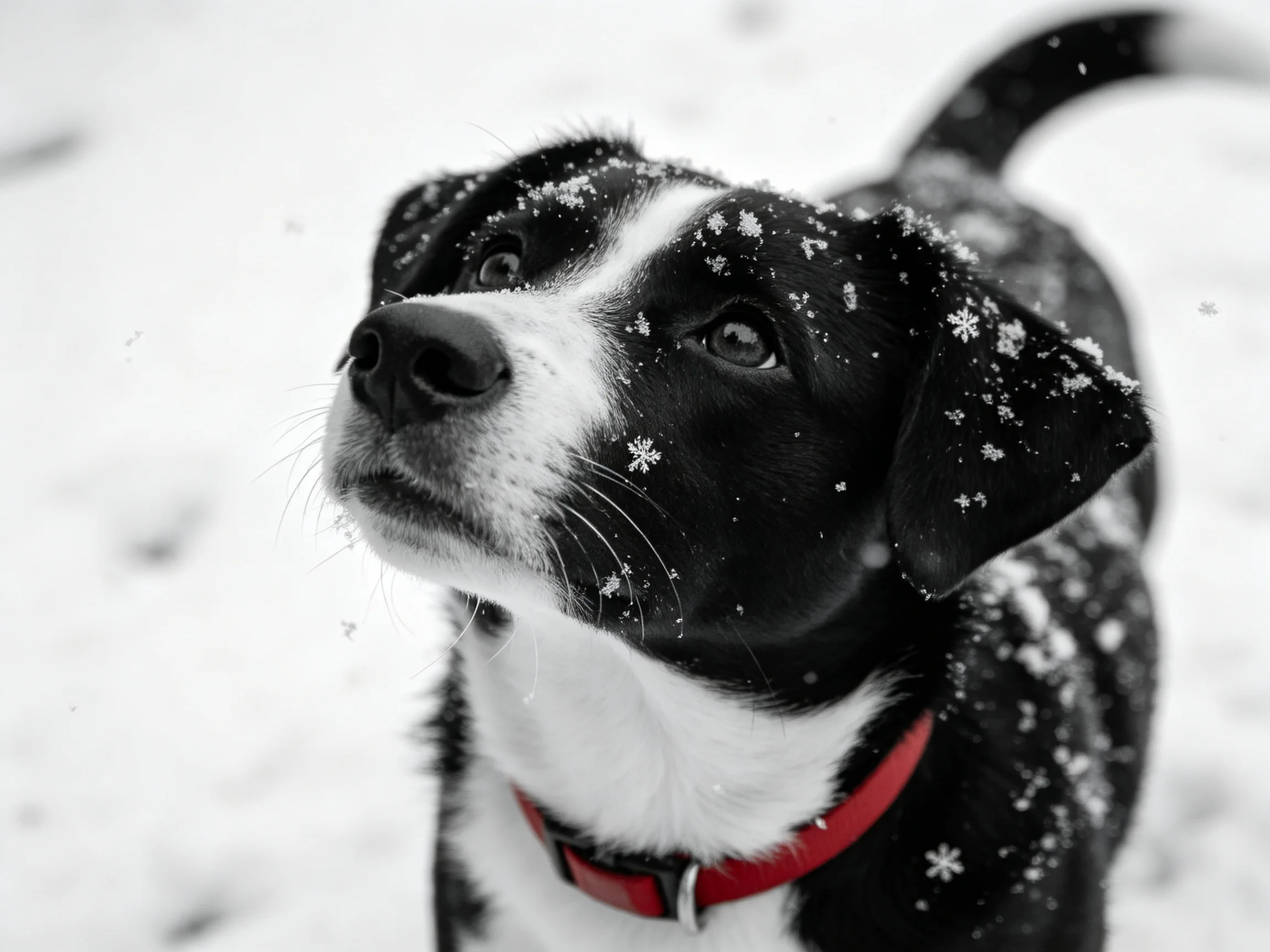 Snow-dusted black-and-white dog with red collar in wintry scene
