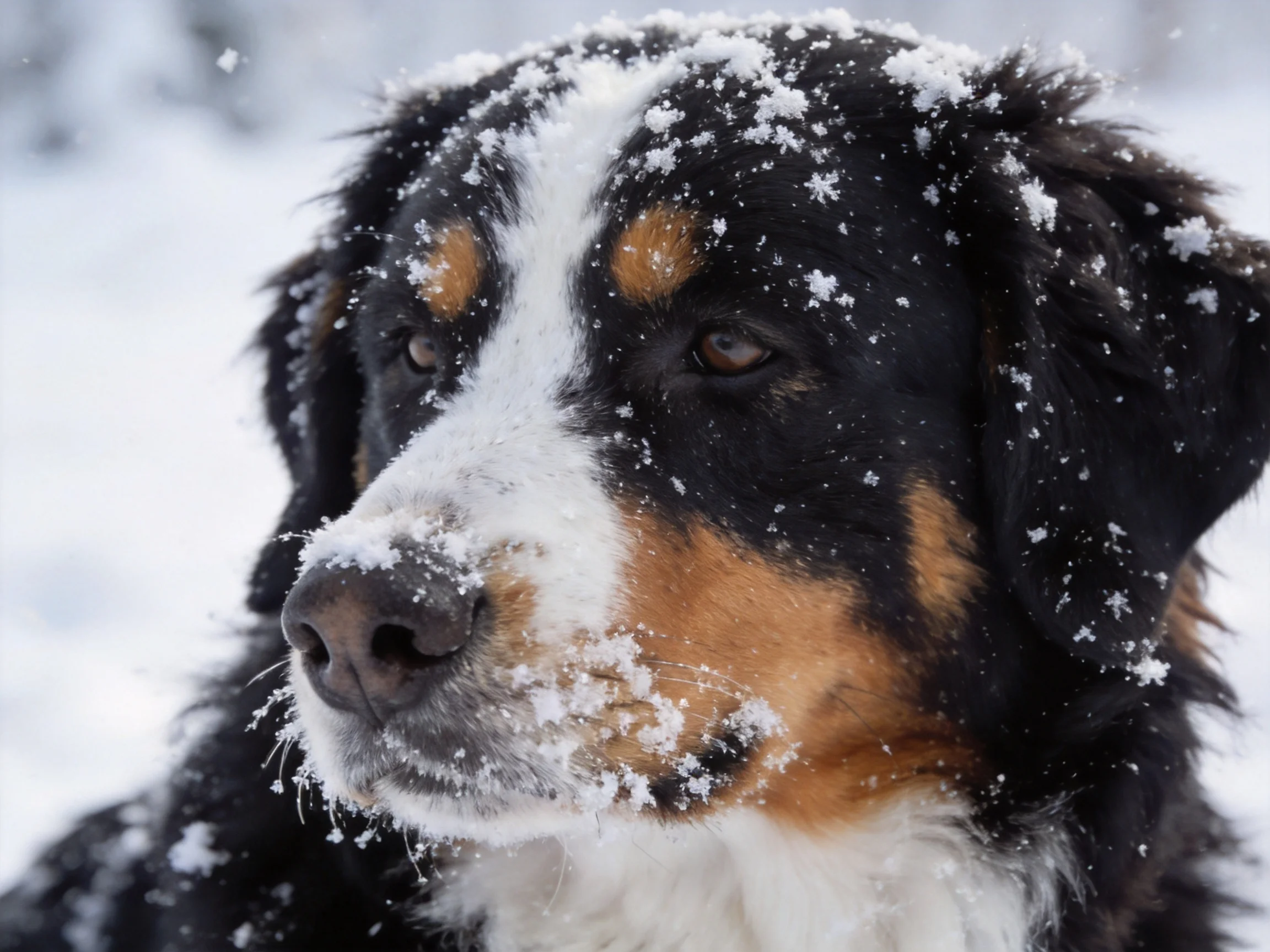 A Bernese Mountain Dog stands in a snowy environment with snowflakes on its face.