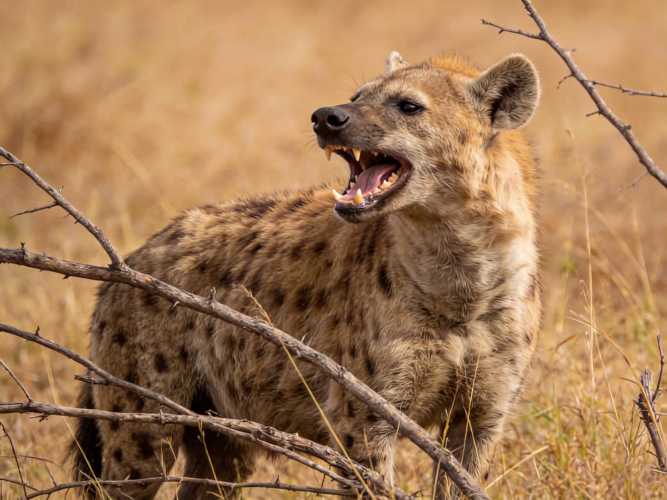 A spotted hyena roars in dry grassland surroundings.