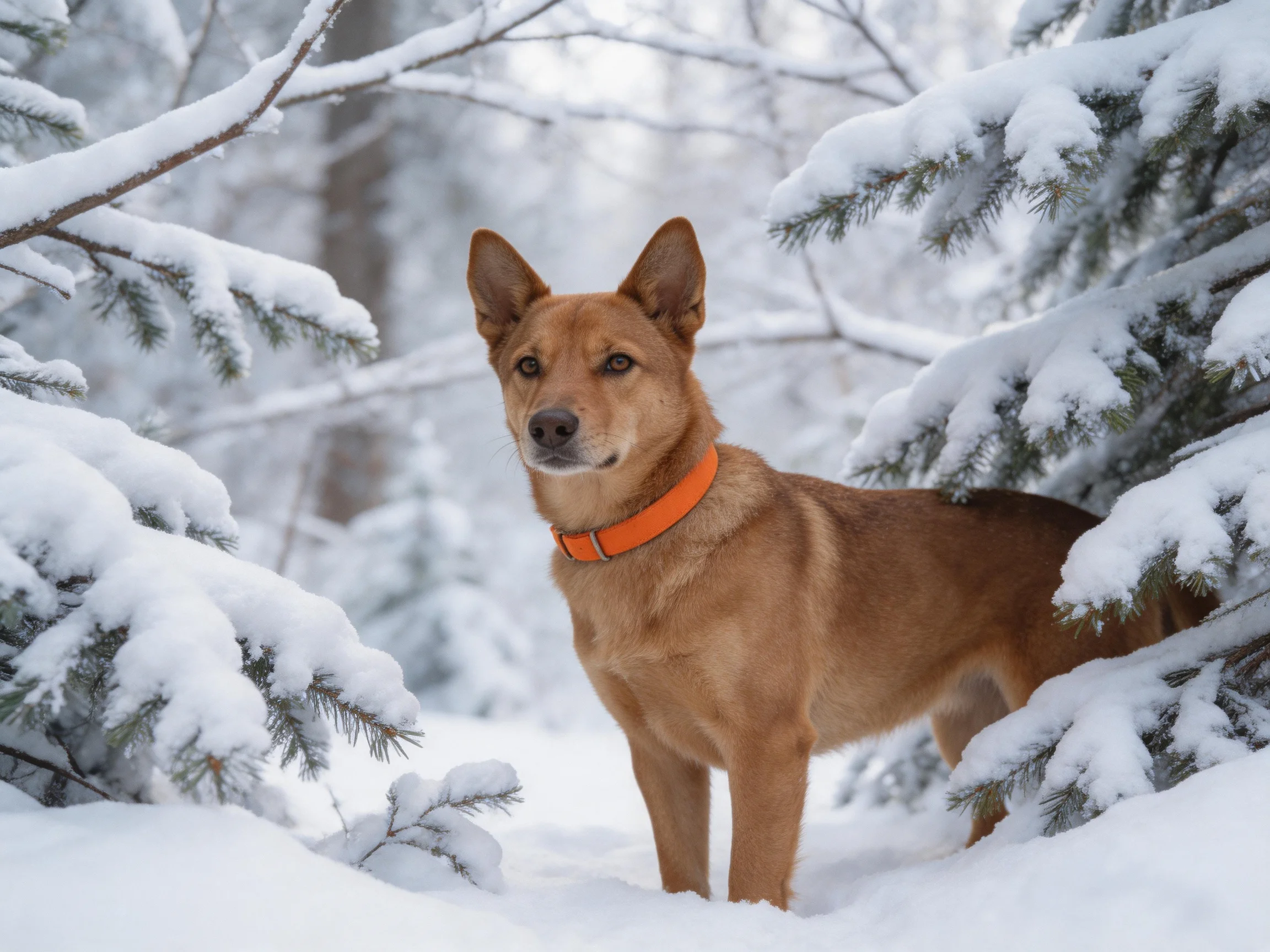 Tan Dog with Orange Collar in Snow-Covered Forest