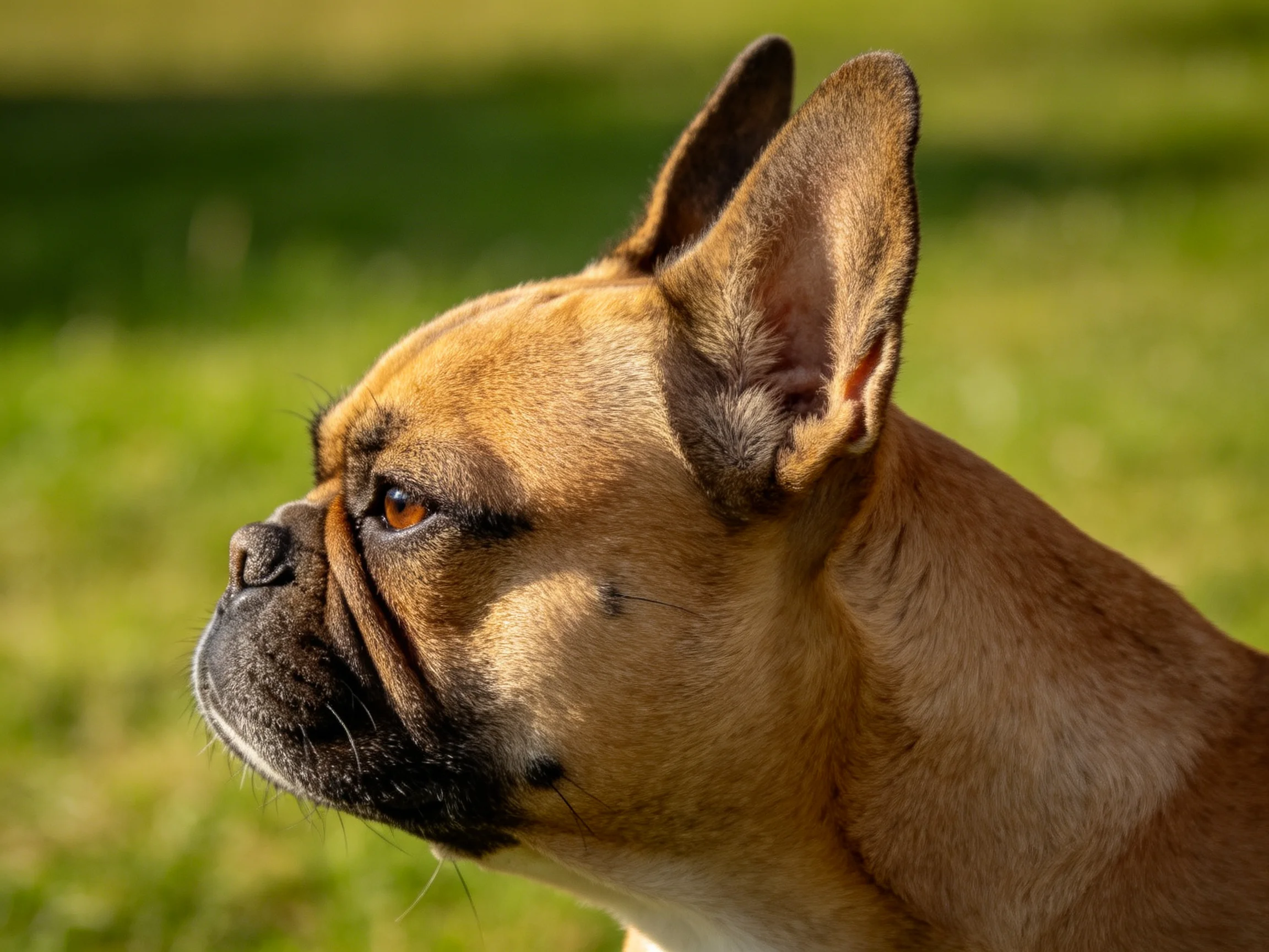 Tan French Bulldog in profile on a green outdoor setting