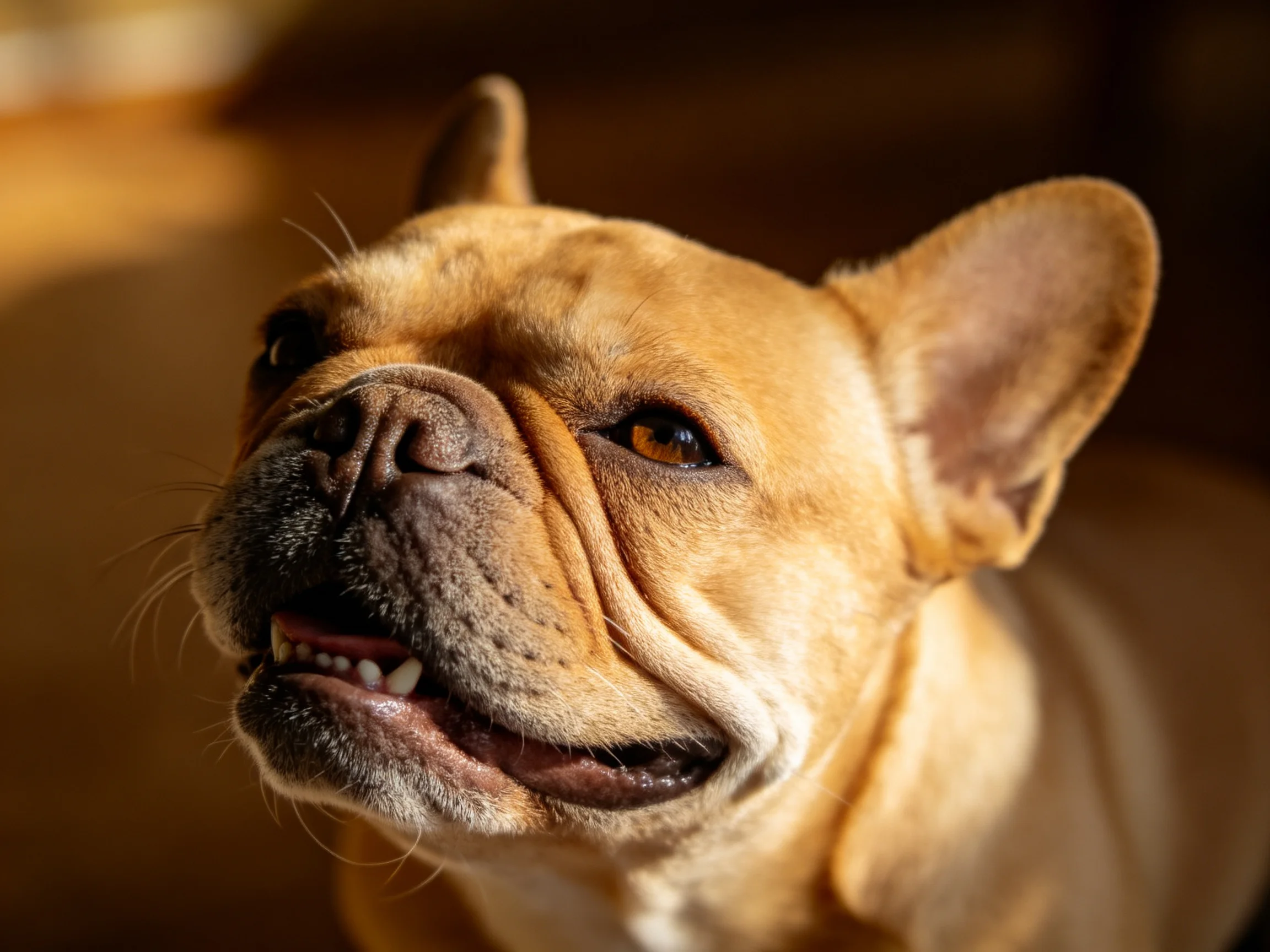 Tan French bulldog close-up with open mouth and upright ears