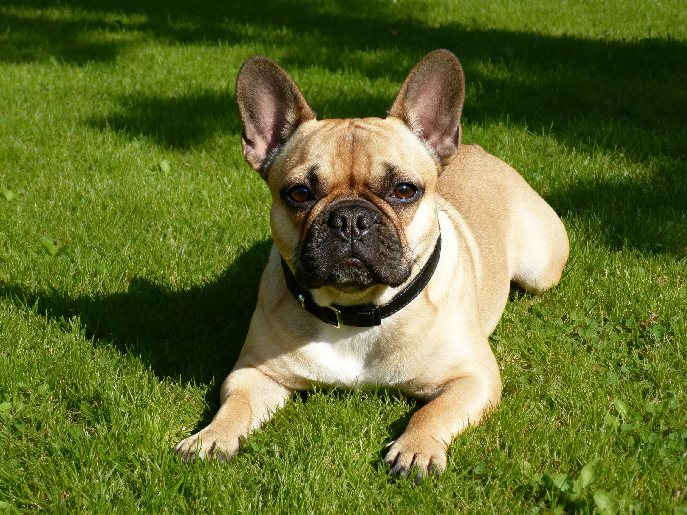 A tan French bulldog lies calmly on a sunlit green lawn.