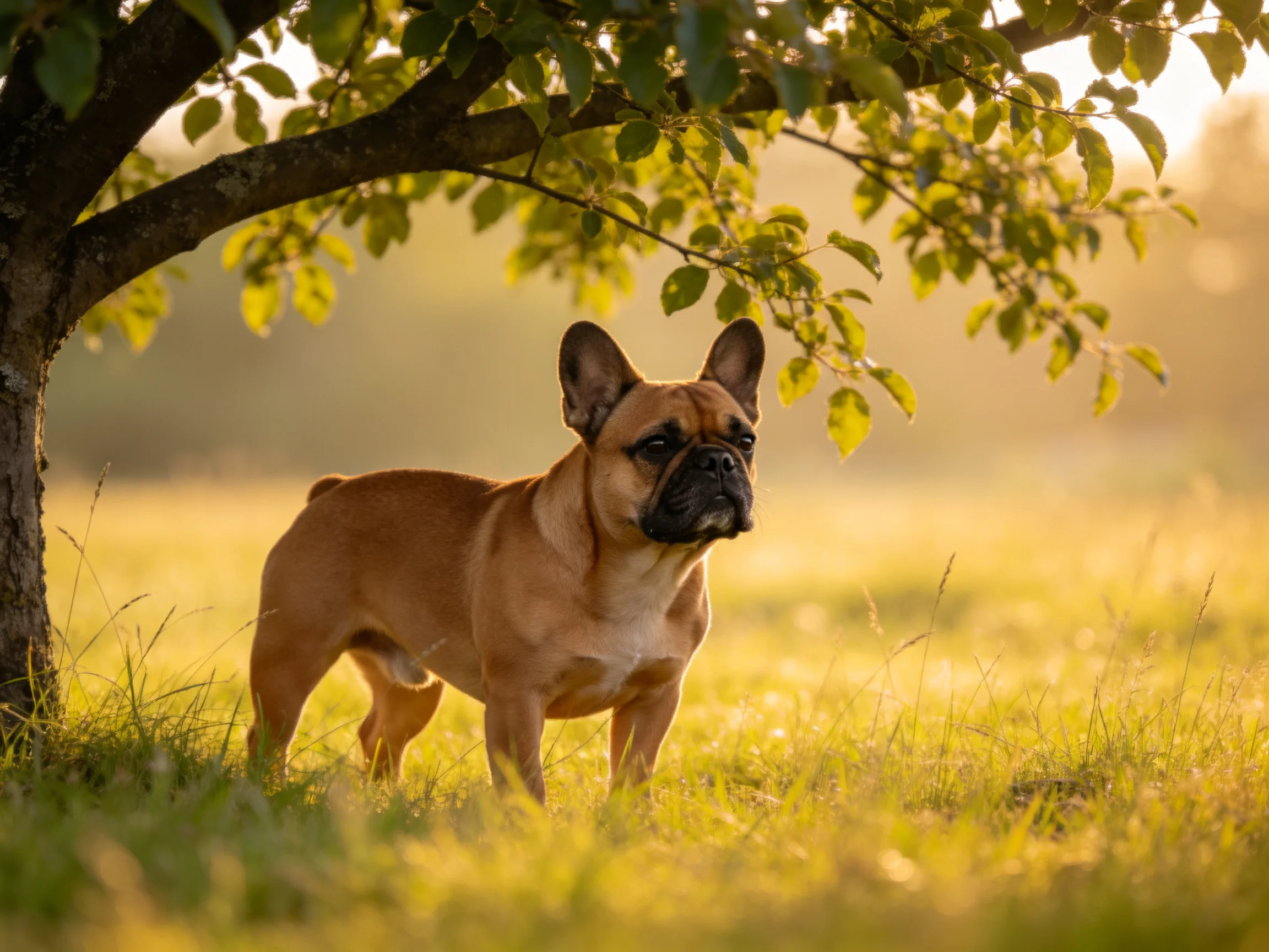 Tan French bulldog under leafy tree in golden sunlight