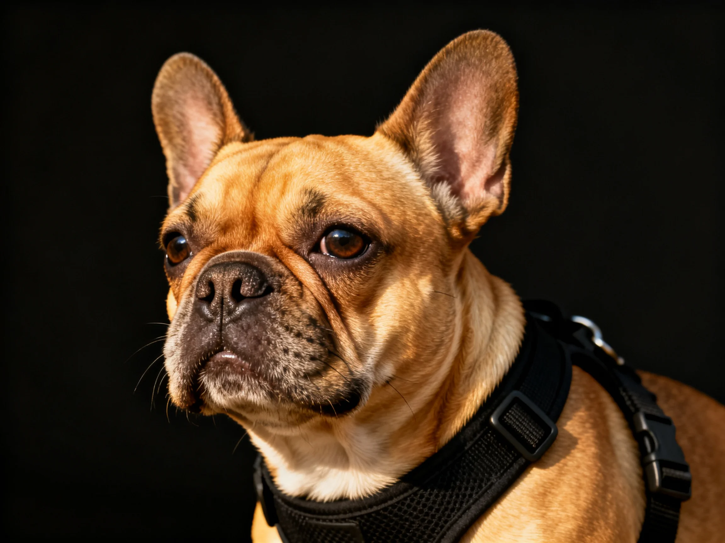 A tan French bulldog with a black harness stands out against a dark background.