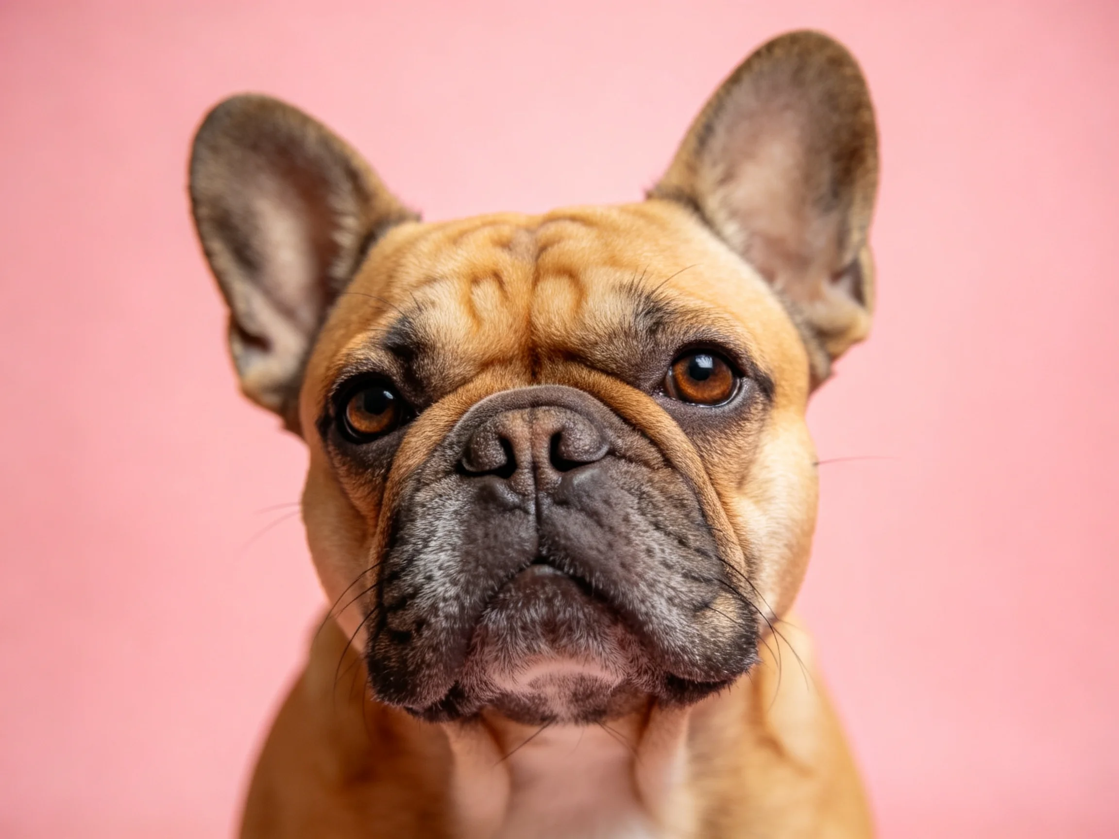 Tan French bulldog with dark face against pink backdrop