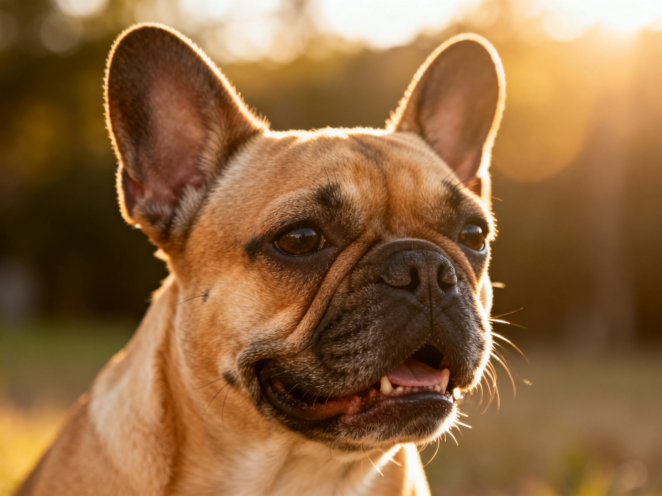 A tan French bulldog enjoys the warm sunlight outdoors.