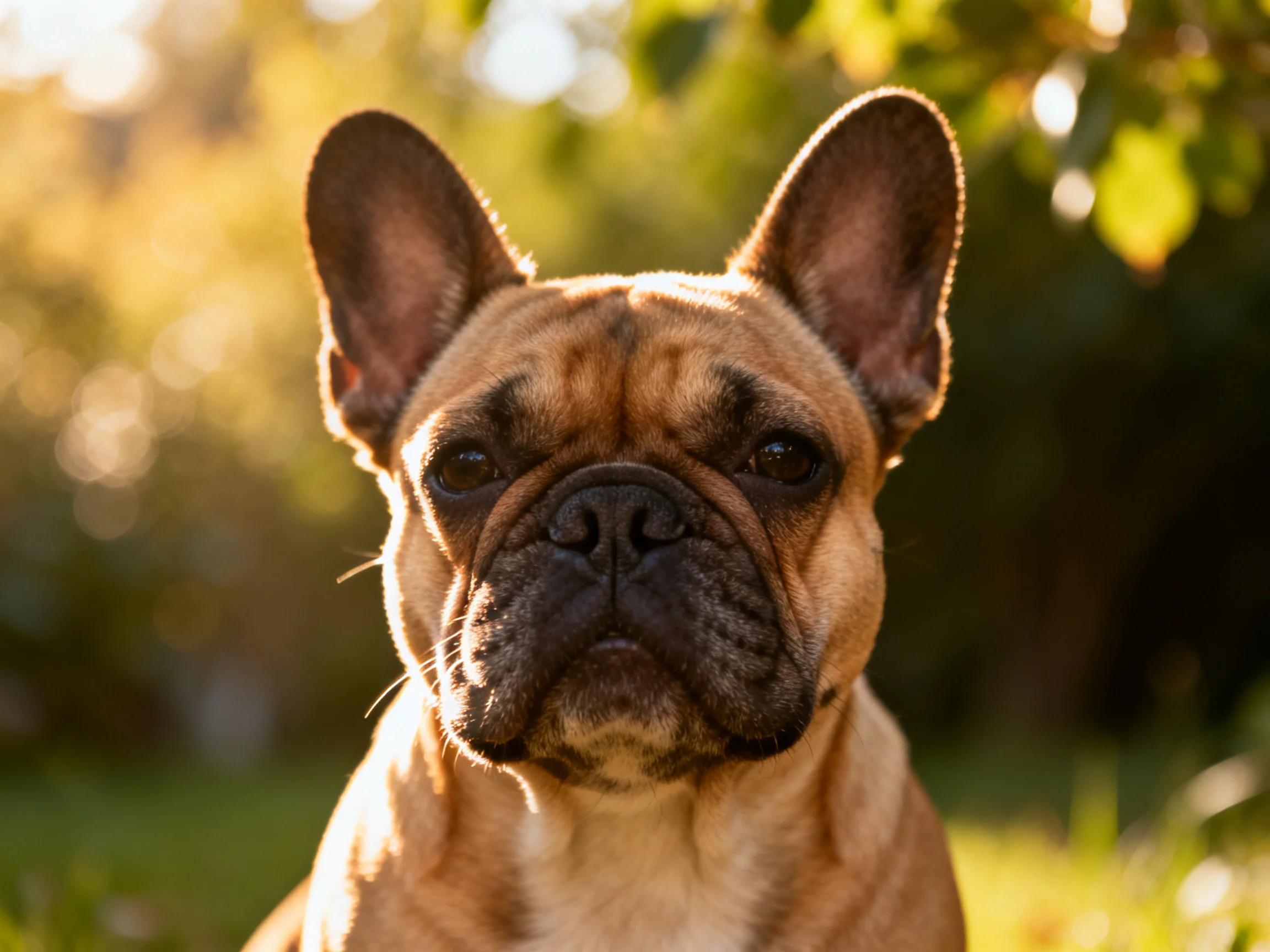 Tan French bulldog with upright ears in a sunlit garden
