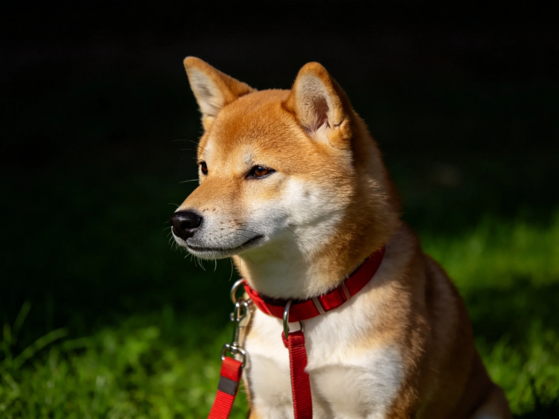 Tan Shiba Inu with red harness sits on lush green grass