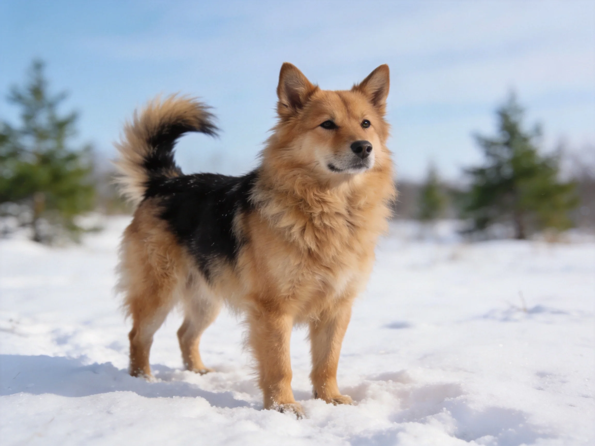 A tan and black dog stands alertly in a snowy area surrounded by evergreen trees.