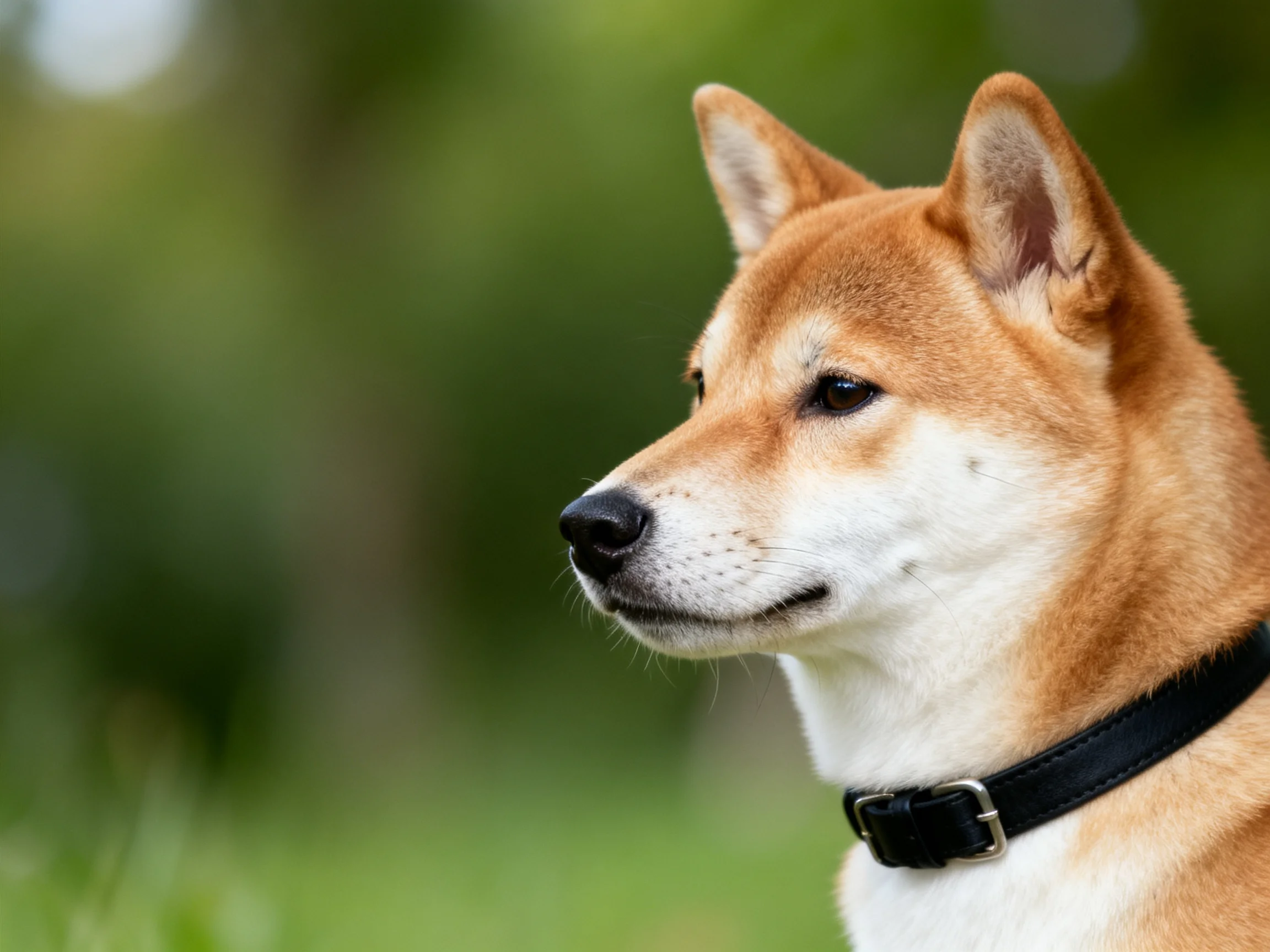Tan and white Shiba Inu with black collar in green outdoor space