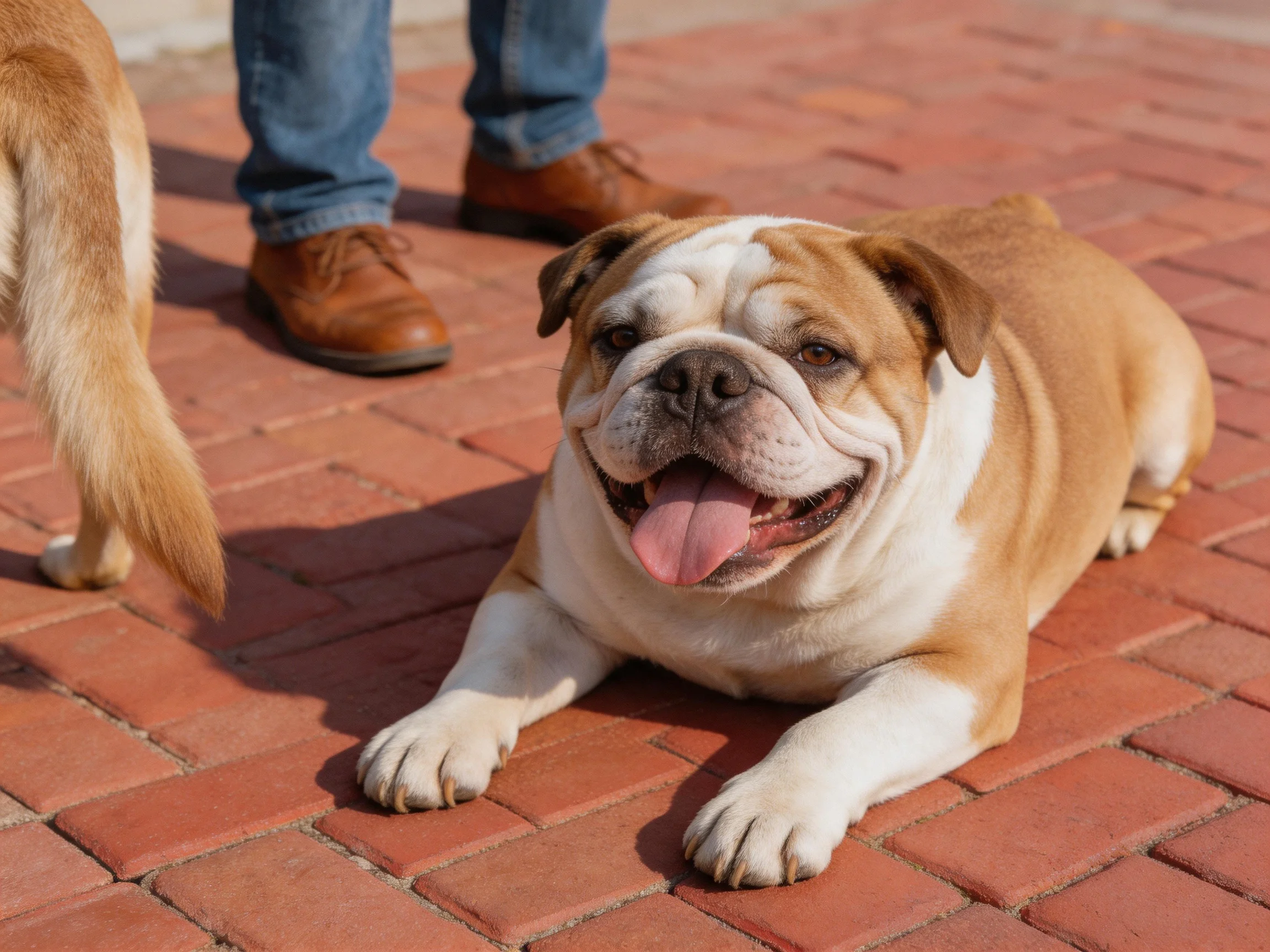 Tan and white bulldog on red brick pavement near brown-shod individuals
