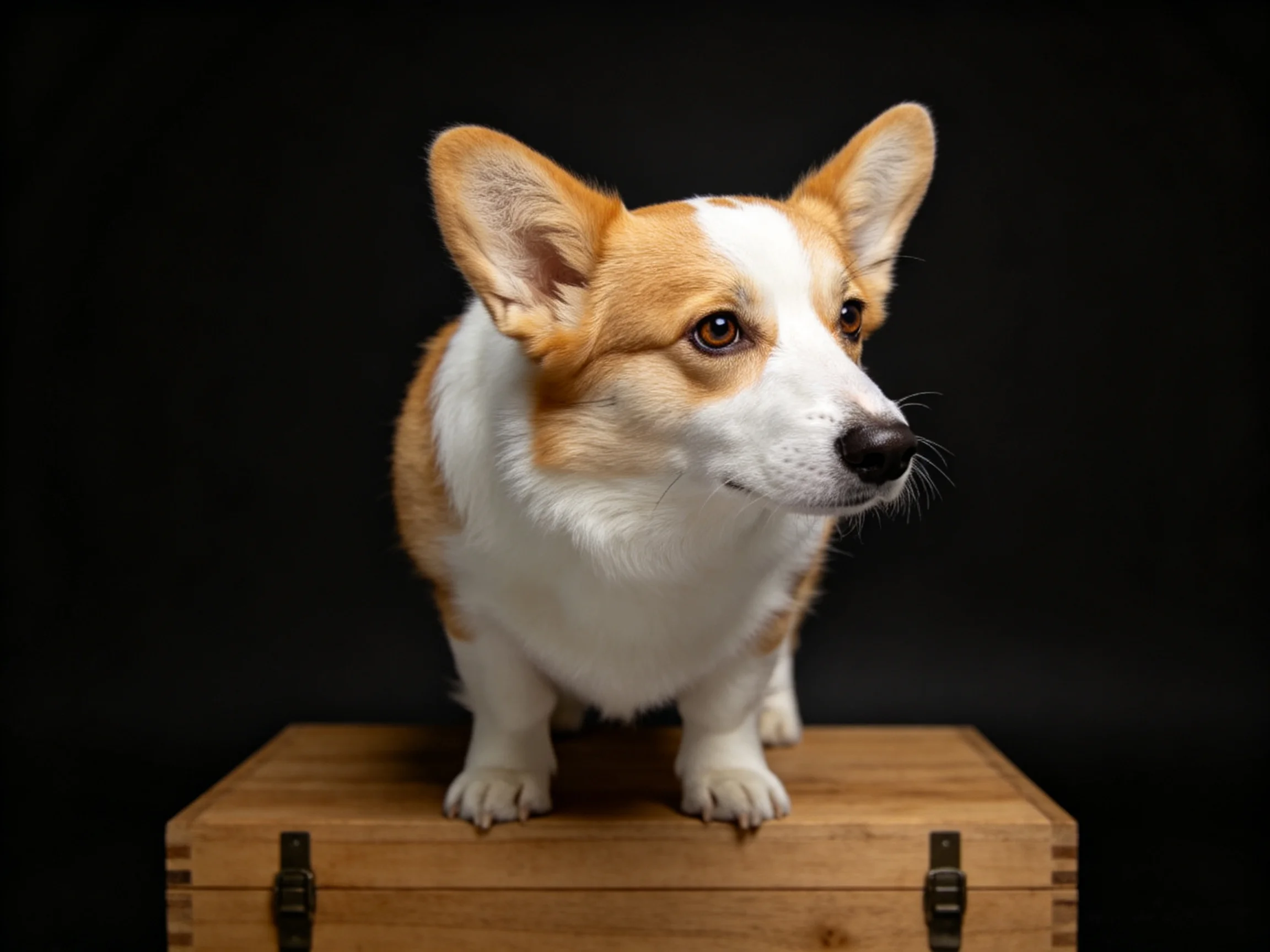 Tan and white corgi atop wooden chest with dark backdrop