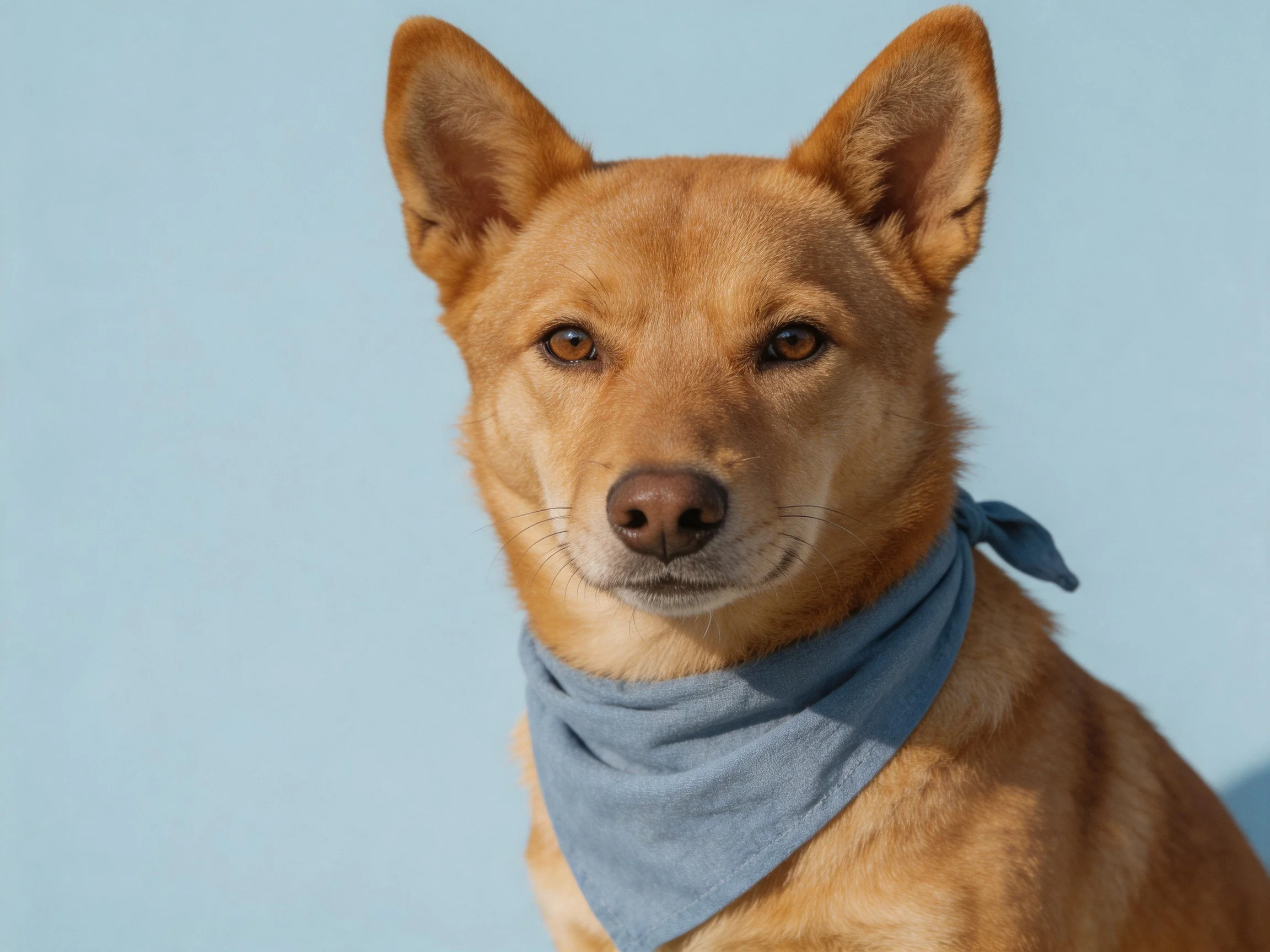 A tan dog with a blue bandana is shown against a light blue background.