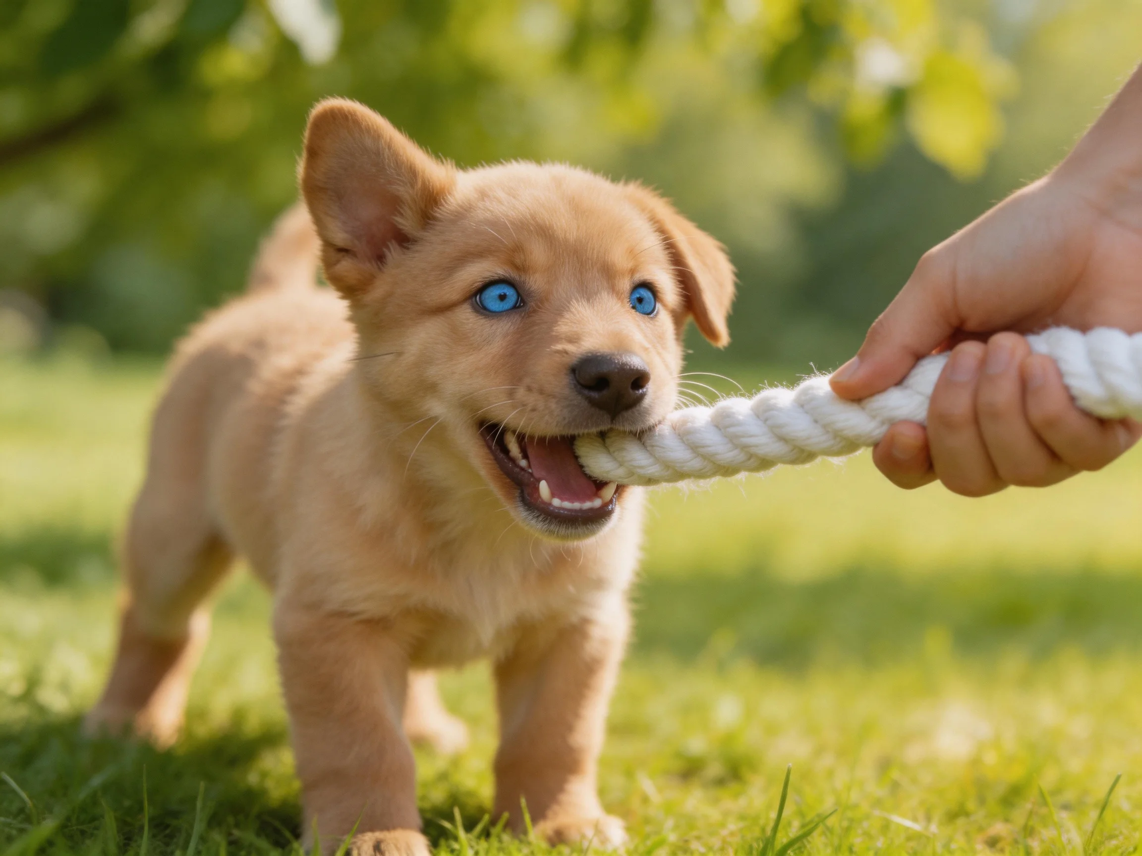 Tan puppy with blue eyes tugs white rope on green grass