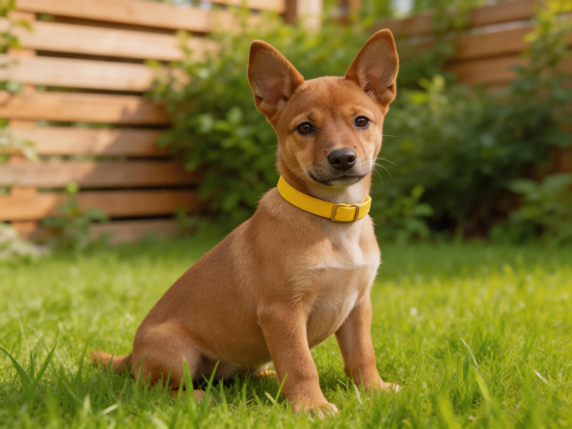 A tan puppy with a yellow collar sits calmly on green grass in an outdoor area.