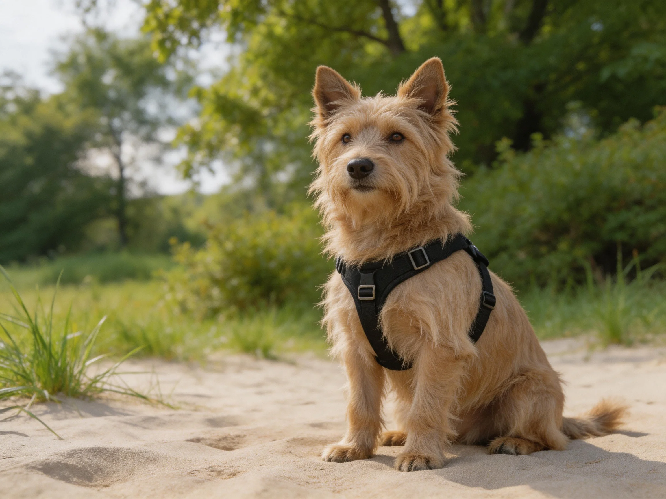 Tan terrier sits calmly on sandy ground among greenery.