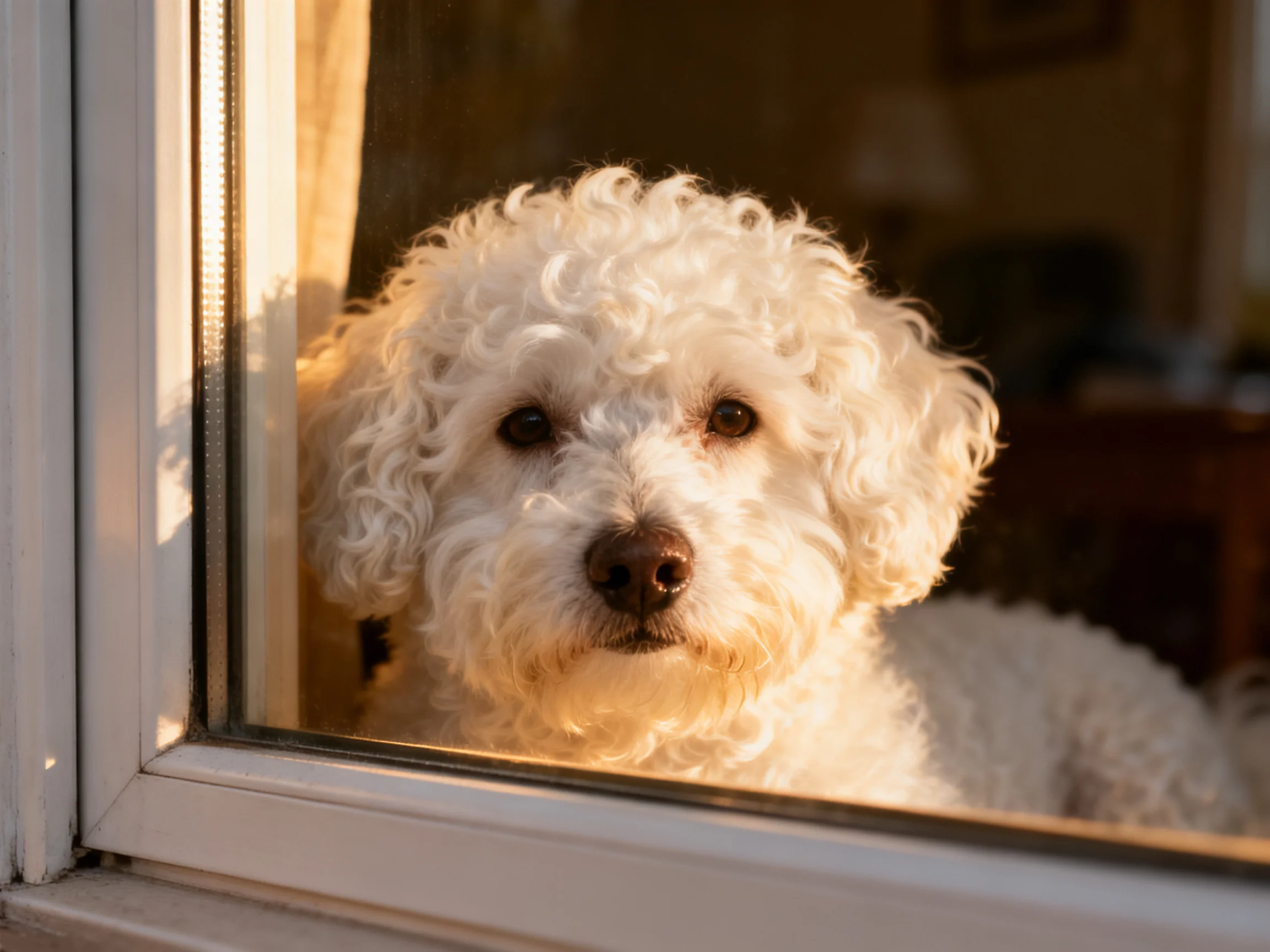 Thick-coated white dog gazes through a sunlit window frame