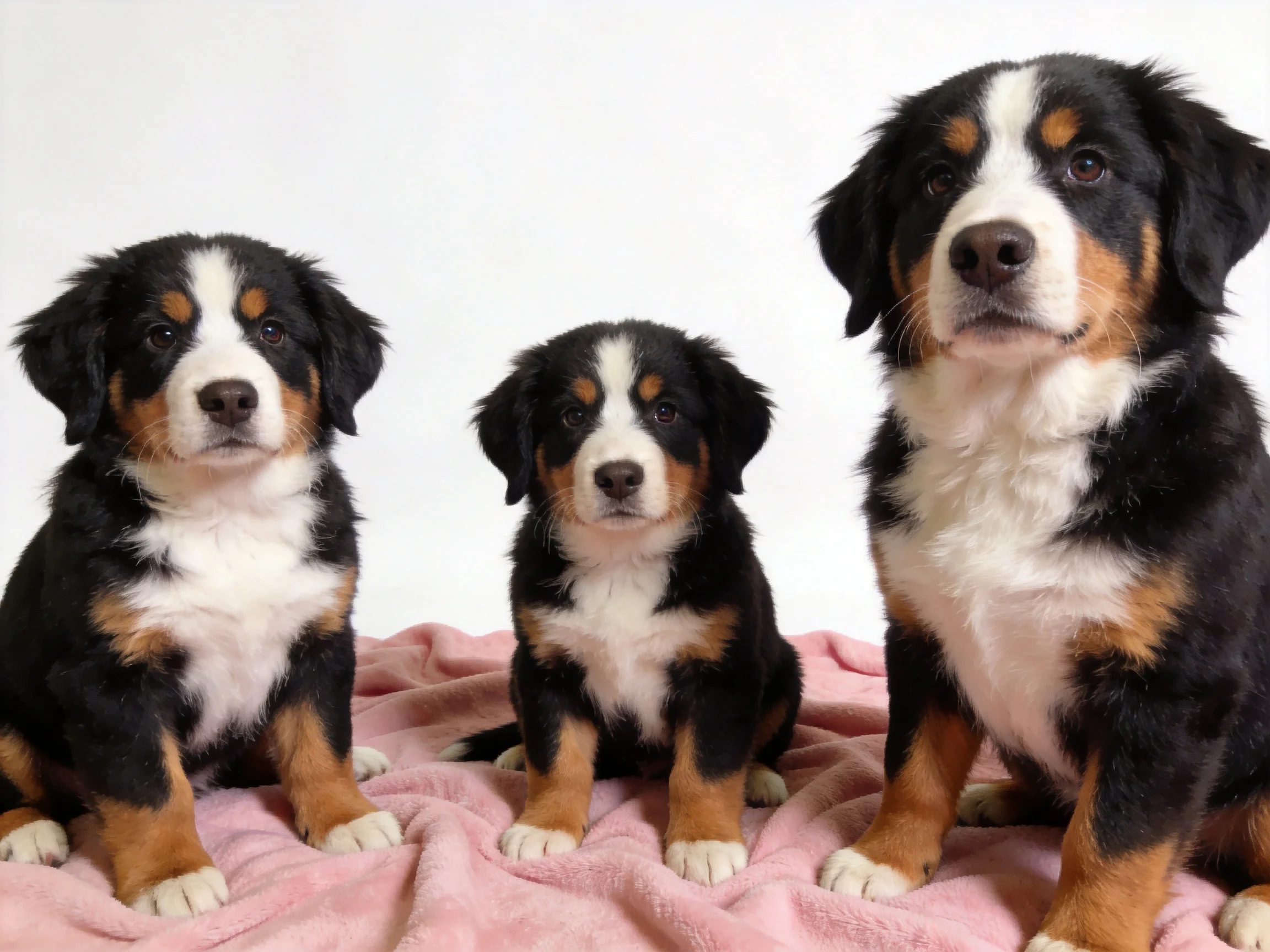 Three Bernese Mountain Dogs—including two puppies—on a pink blanket