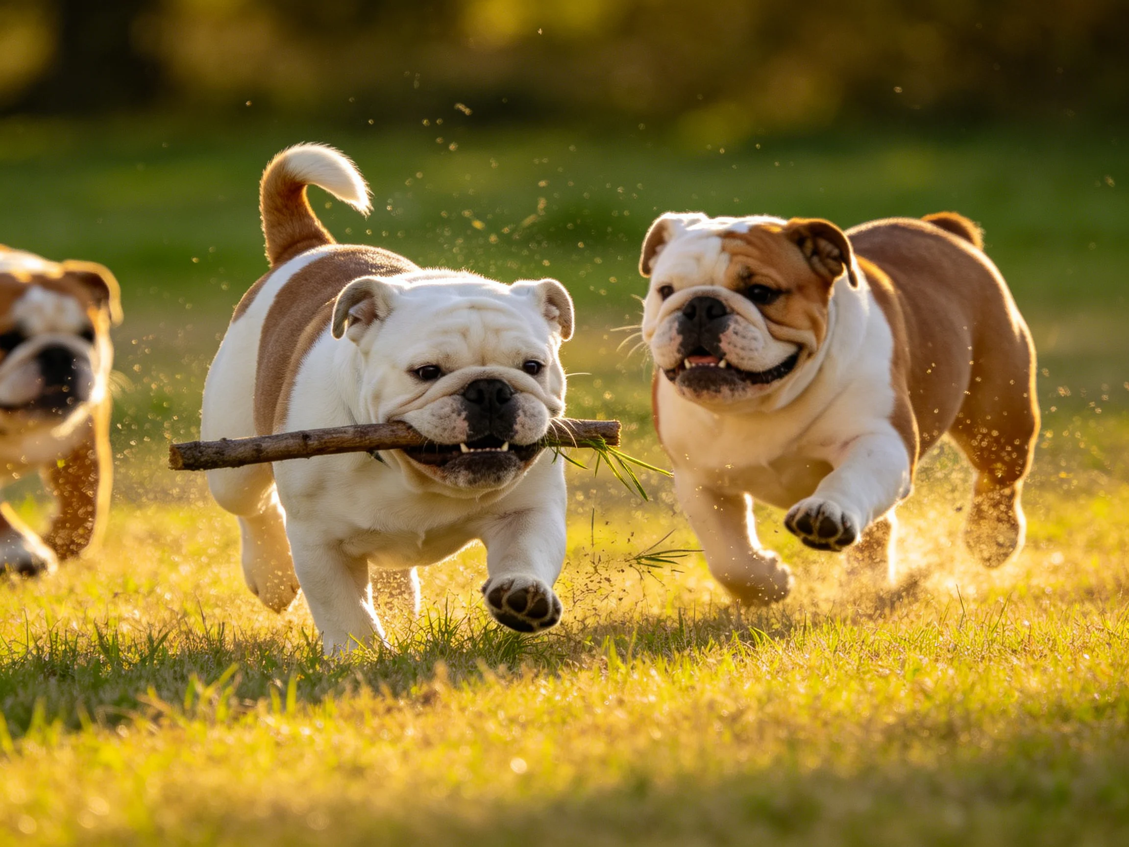 Three English Bulldogs Chase Through Sunlit Grass With a Stick