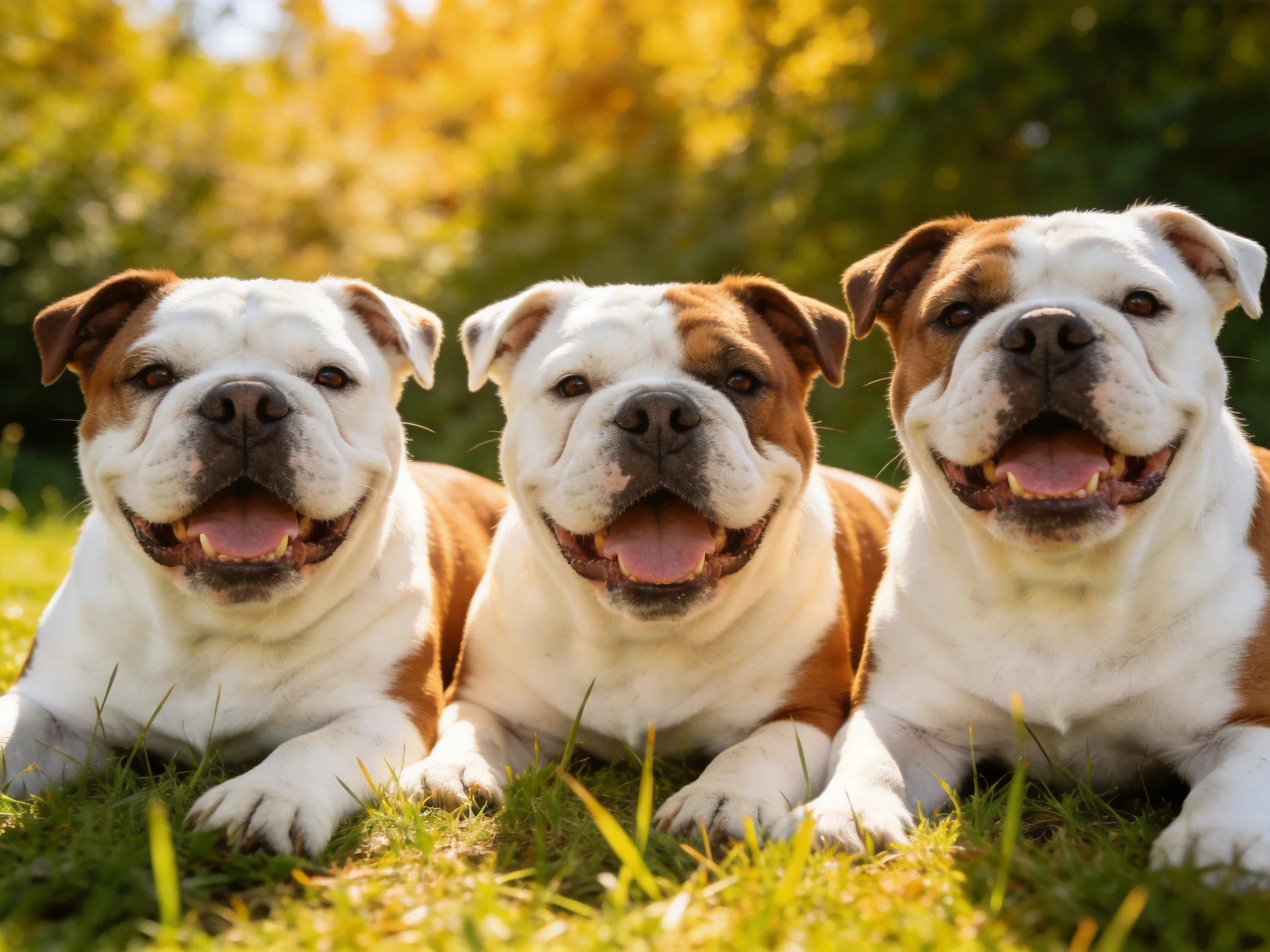 Three English Bulldogs relax on sunlit green grass