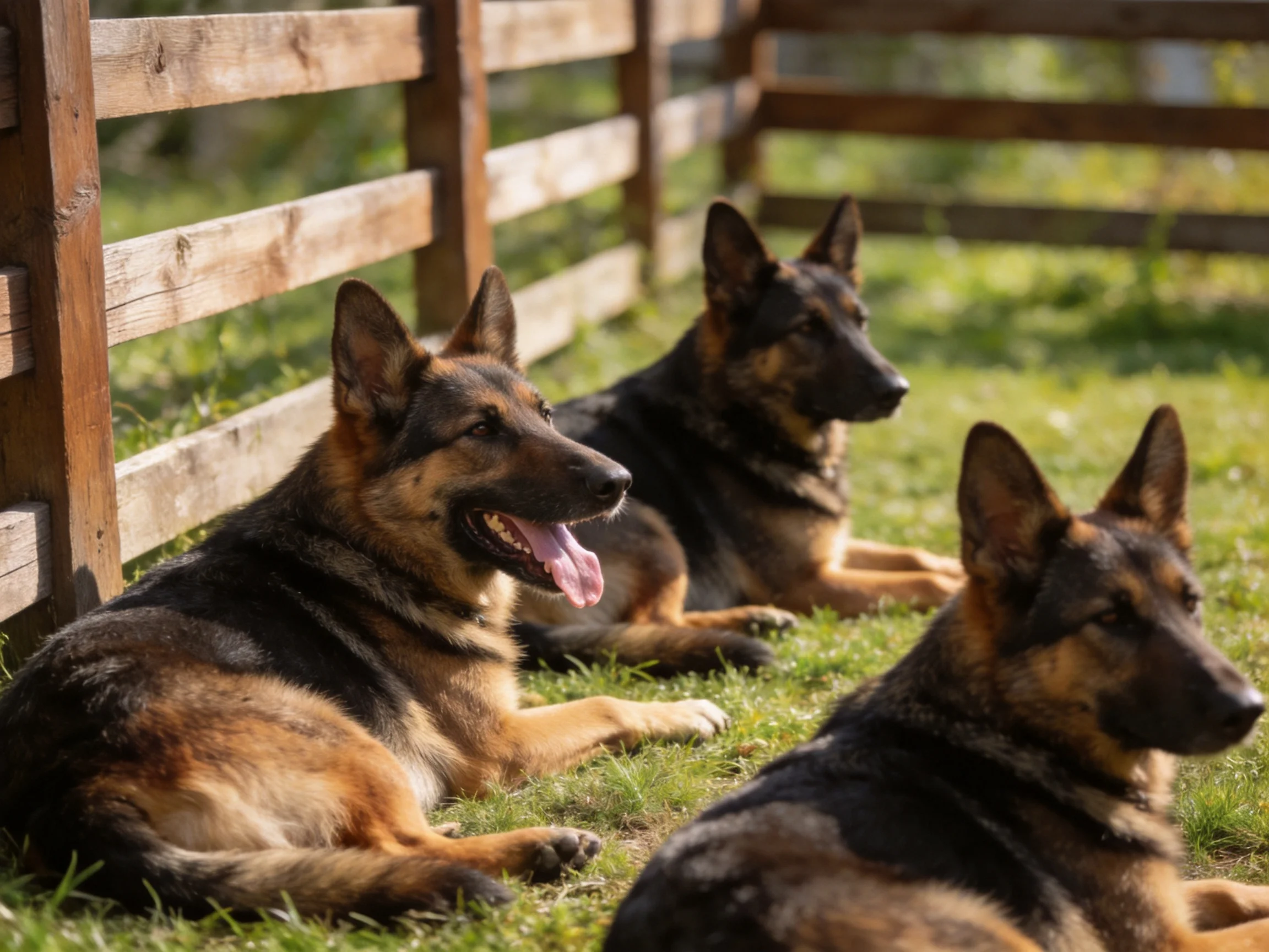 Three German Shepherd dogs relax near a wooden fence on grass