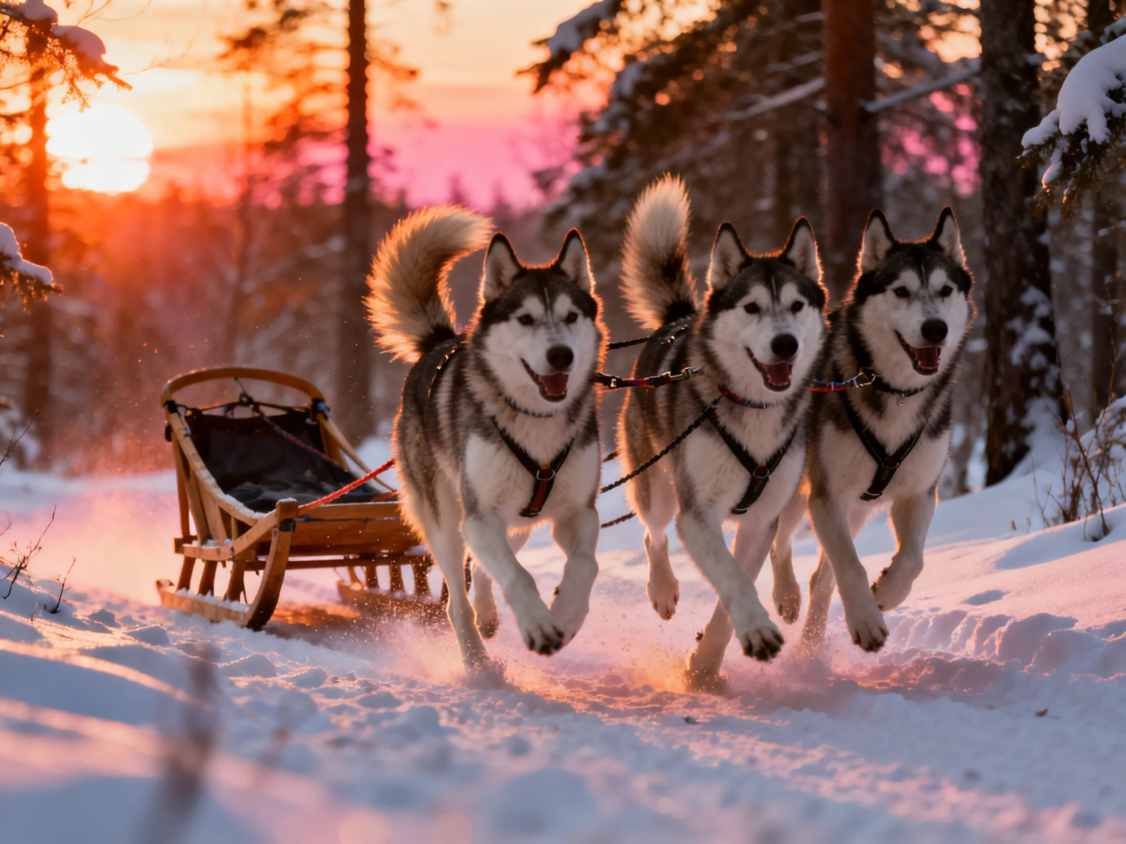 Three Siberian Huskies Pulling Sled Through Snowy Forest at Sunset