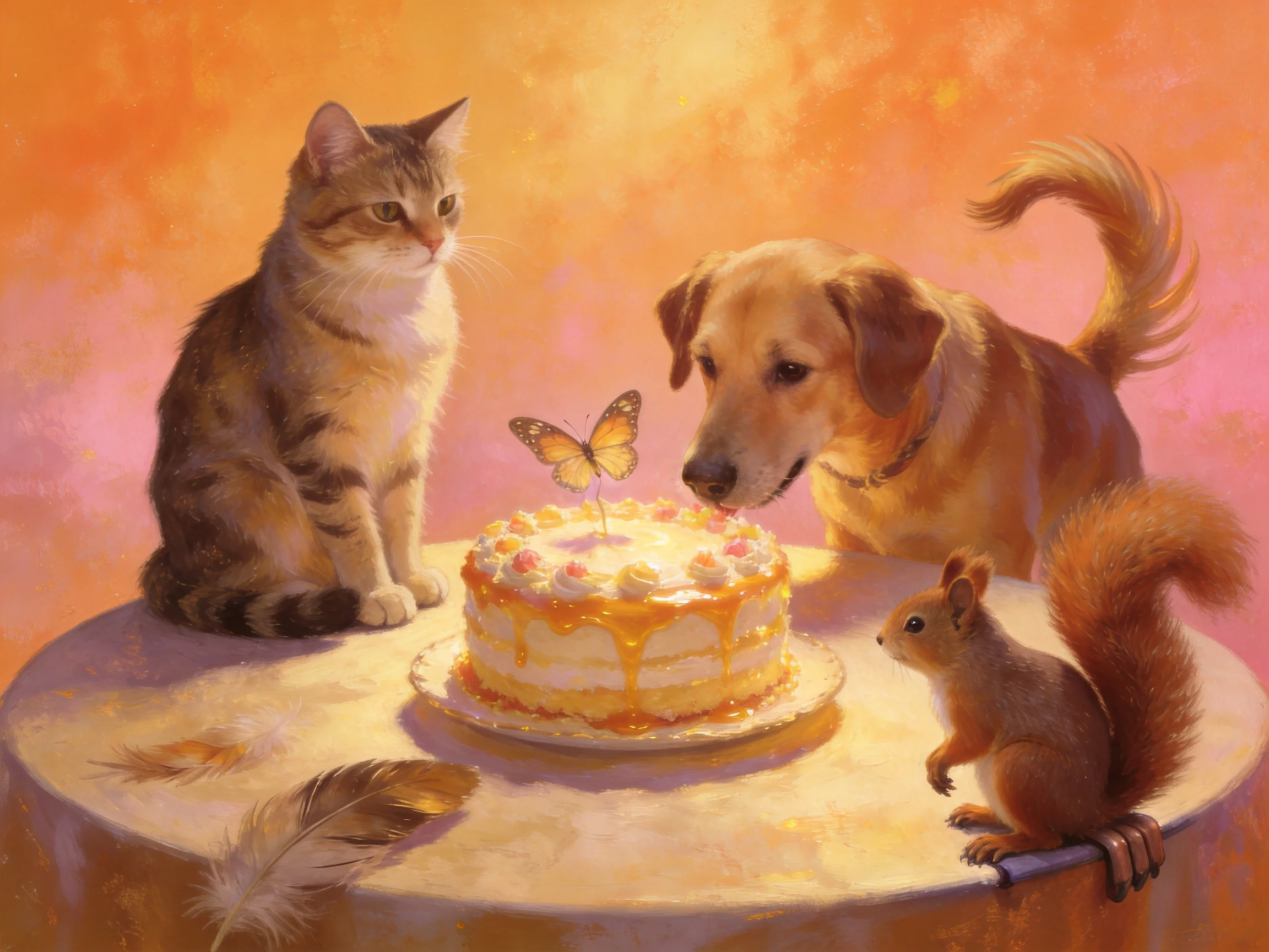 Three animals gather around a golden-hued cake with a butterfly