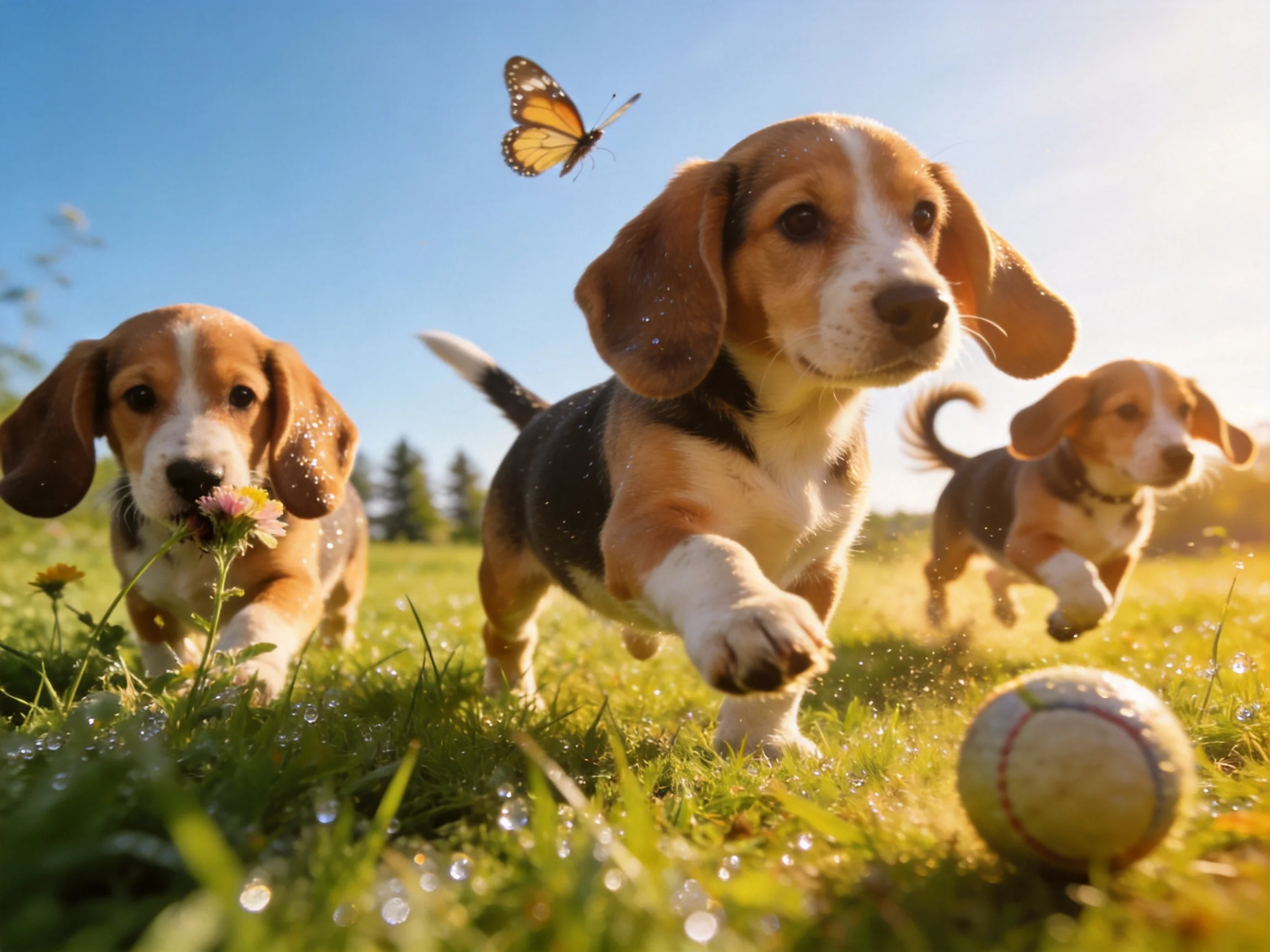 Three beagle puppies chase a ball near a butterfly in a sunlit meadow