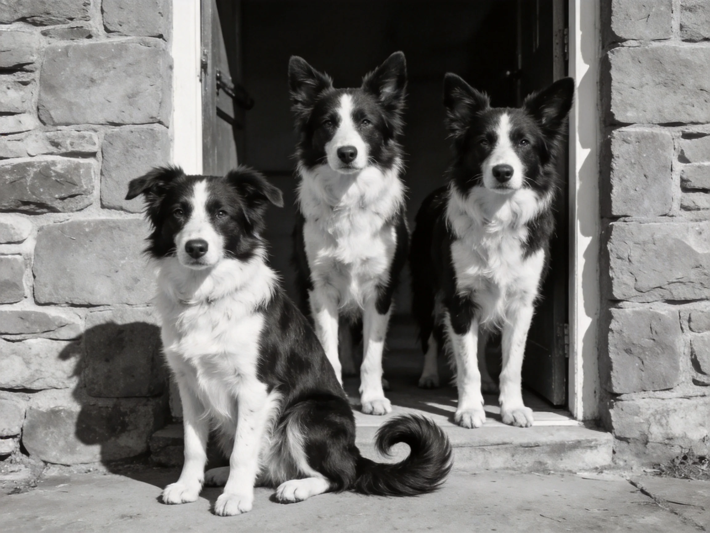 Three black - and - white Border Collies gather near a stone entrance.