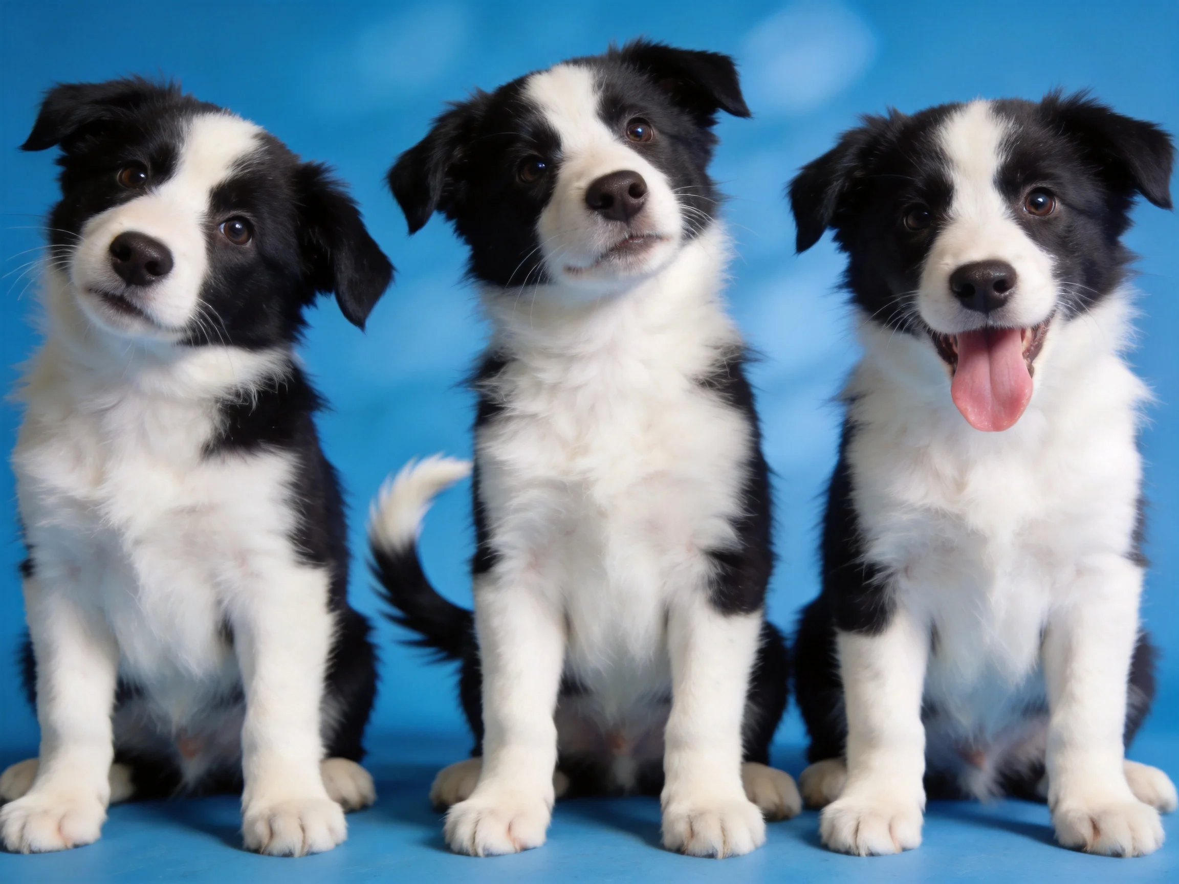 Three black - and - white puppies sitting against a bright blue backdrop