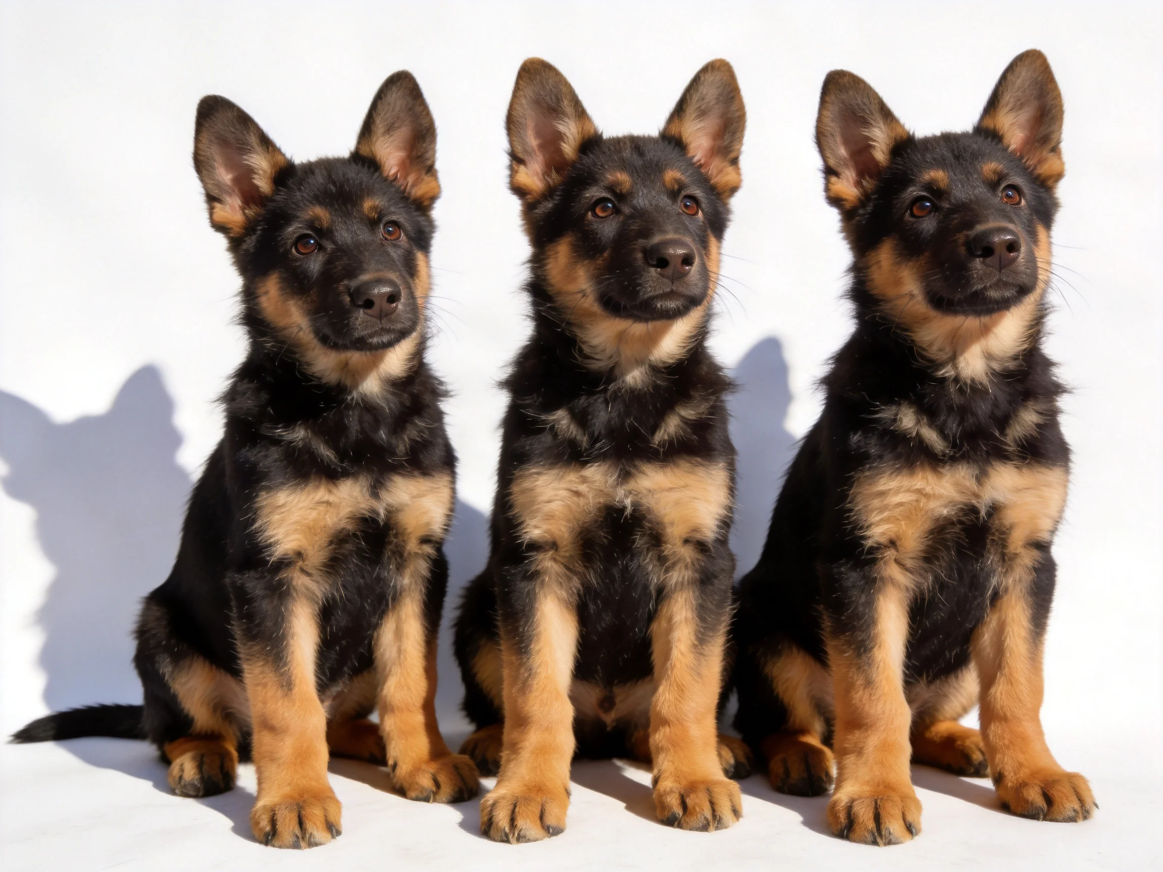 Three young German Shepherd puppies sit together on a white surface.